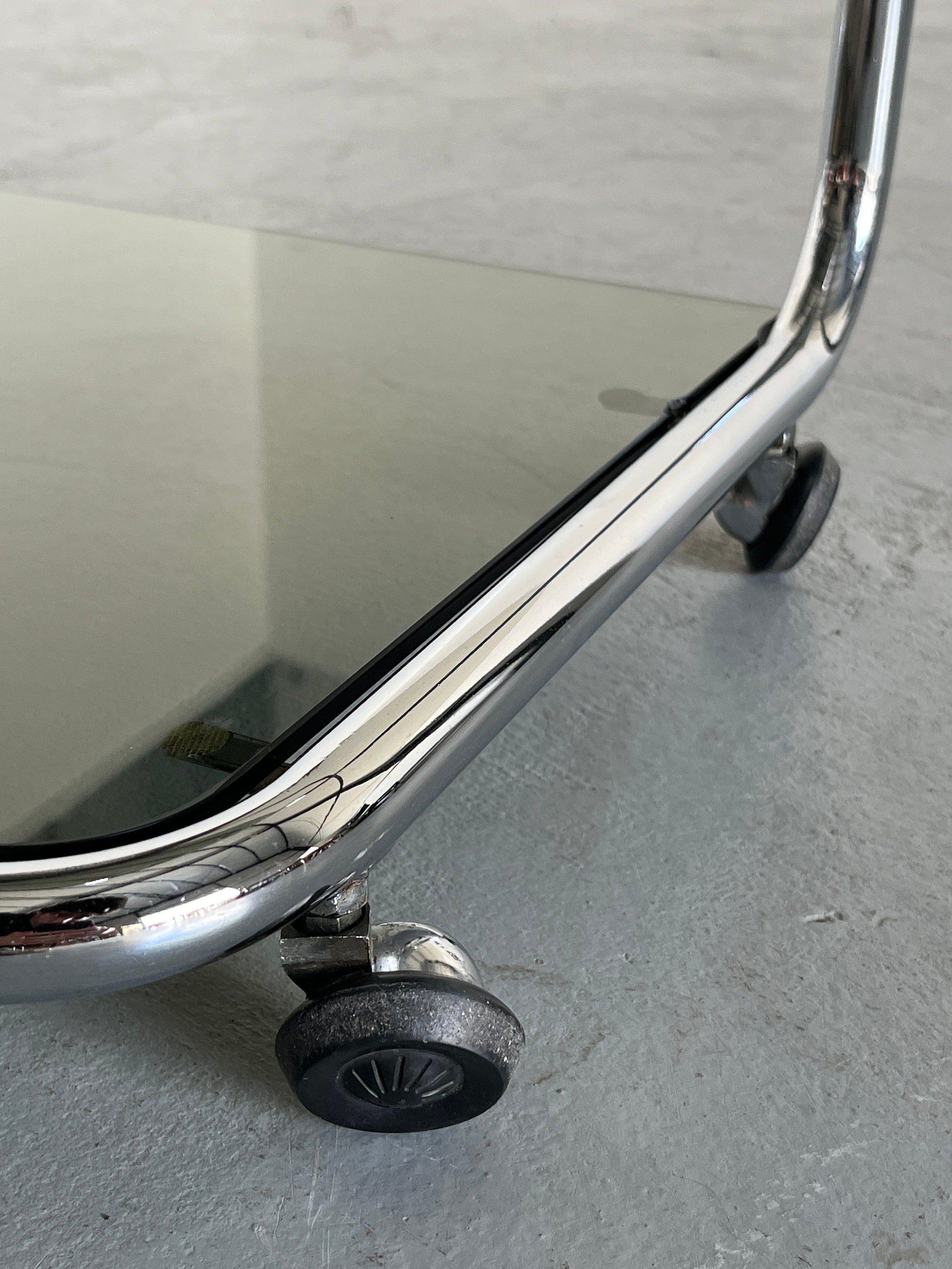 Glass Serving Trolley or Bar Cart Table, Chromed Tubular Steel