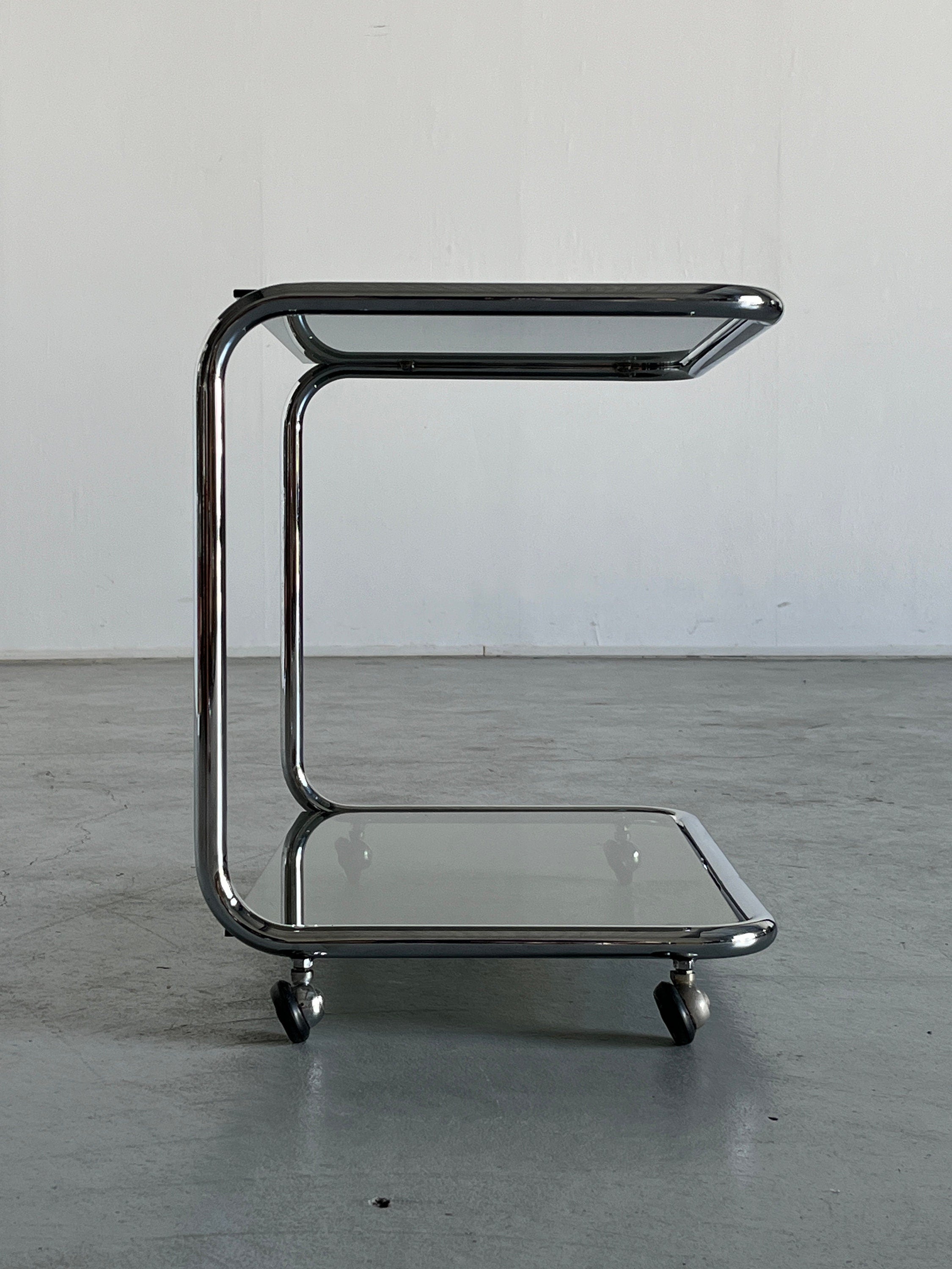 Glass Serving Trolley or Bar Cart Table, Chromed Tubular Steel