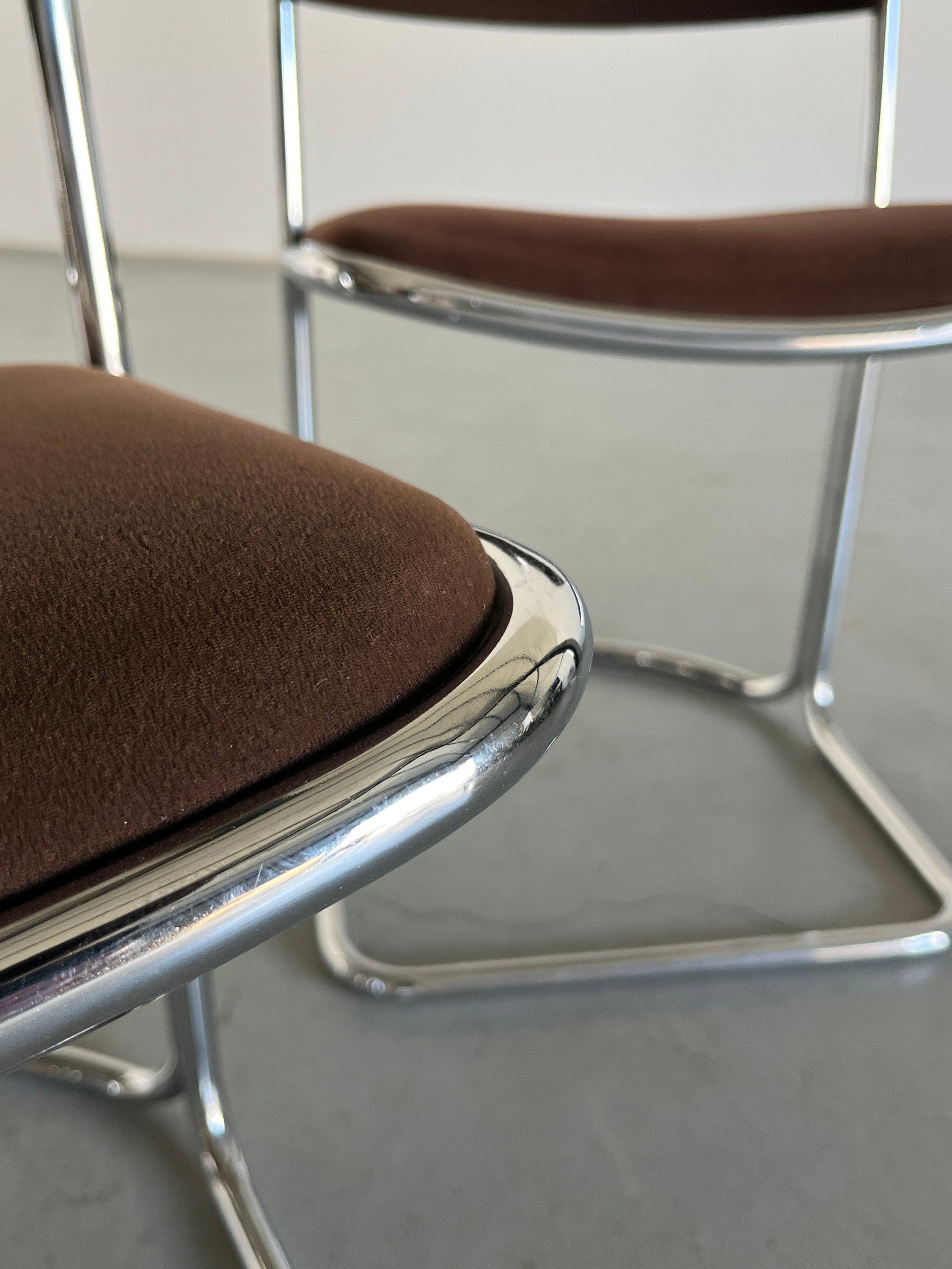 Italian Chairs, Dark Brown Upholstery and Chromed Tubular Steel Frame