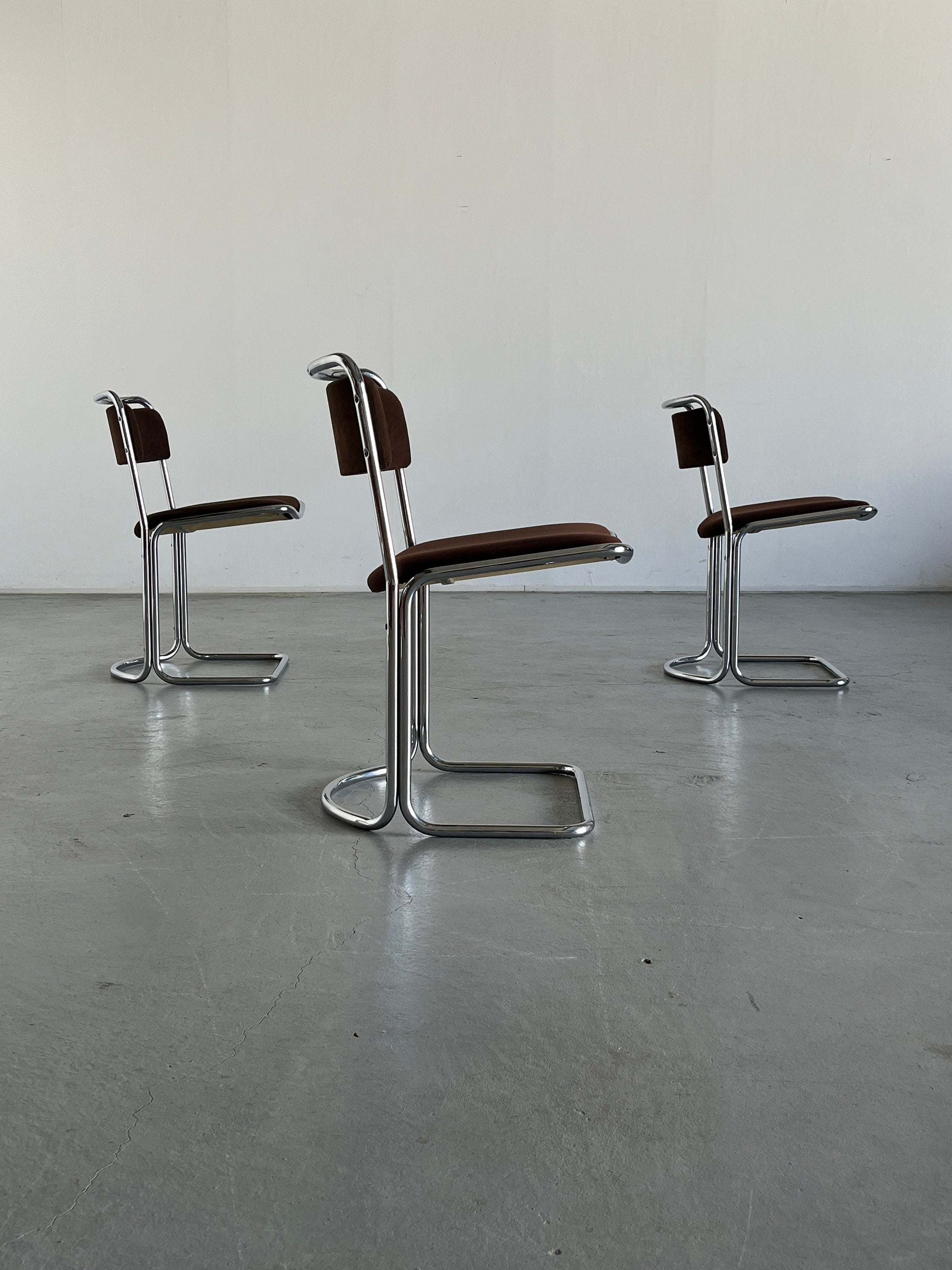 Italian Chairs, Dark Brown Upholstery and Chromed Tubular Steel Frame