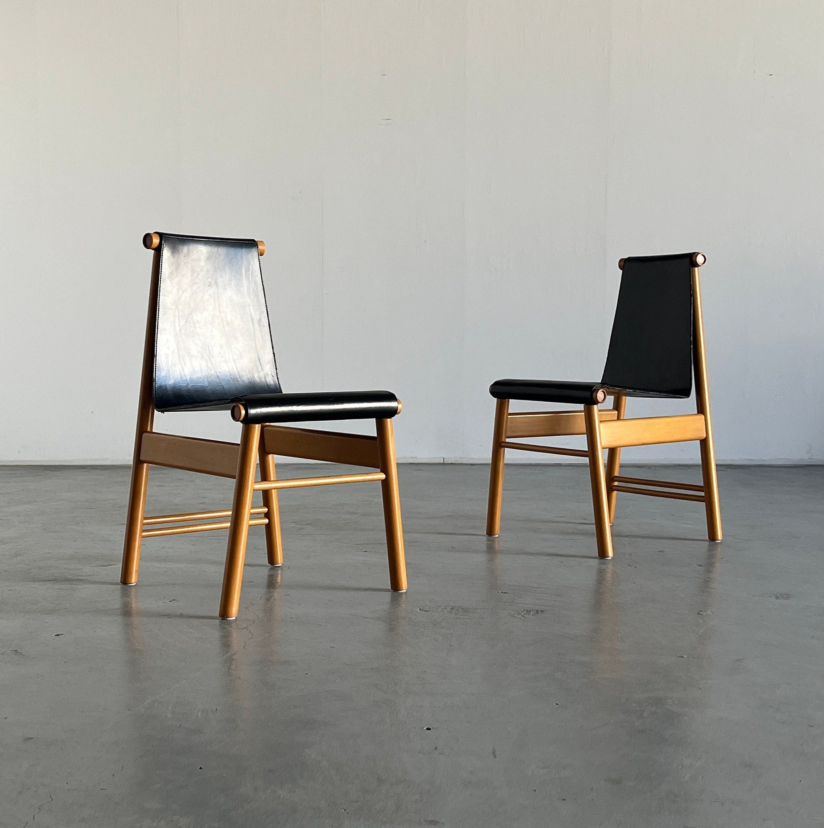 Pair of Sculptural Mid-Century Chairs, Leather and Wood, 1970s Italy