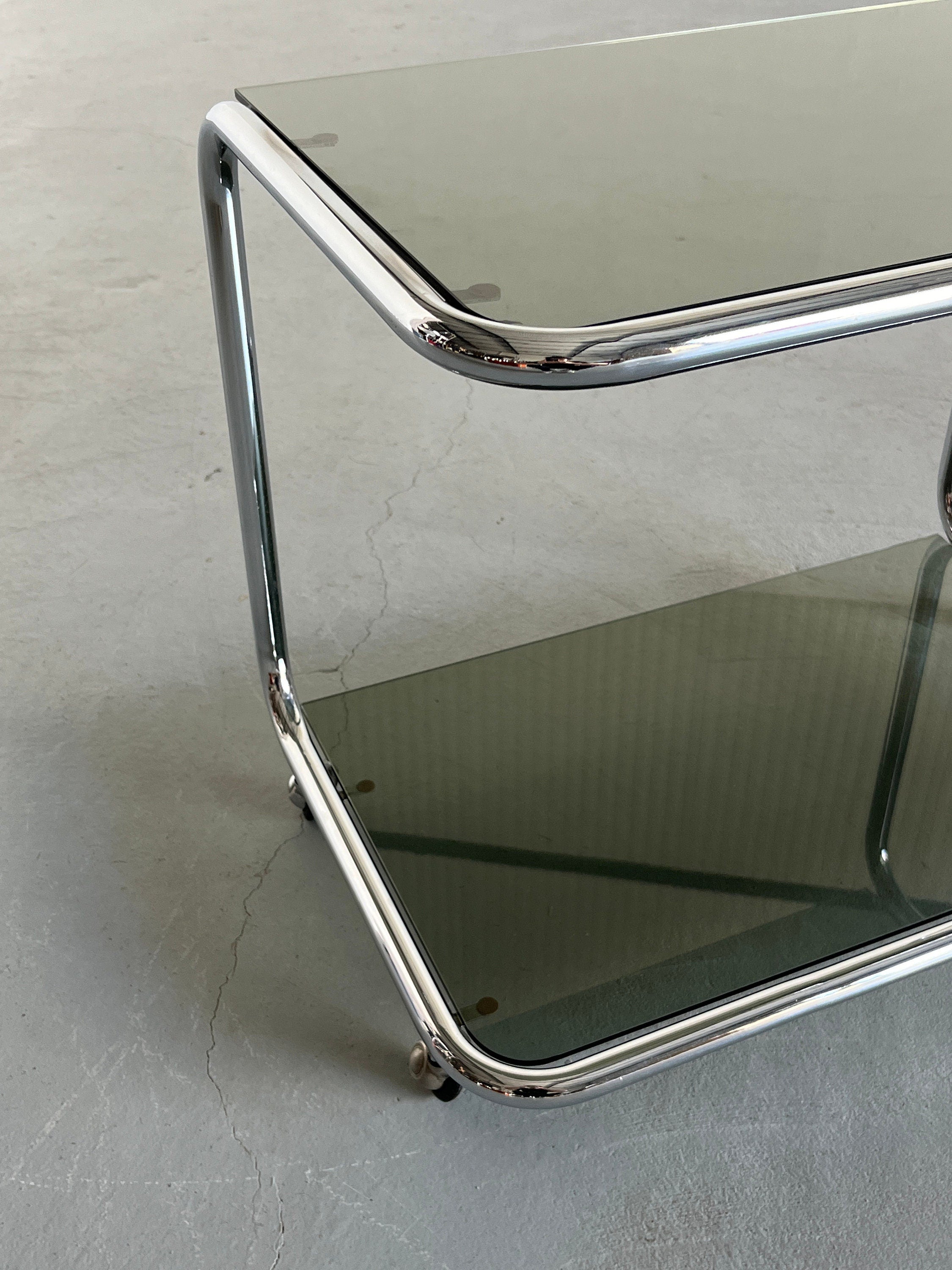 Glass Serving Trolley or Bar Cart Table, Chromed Tubular Steel