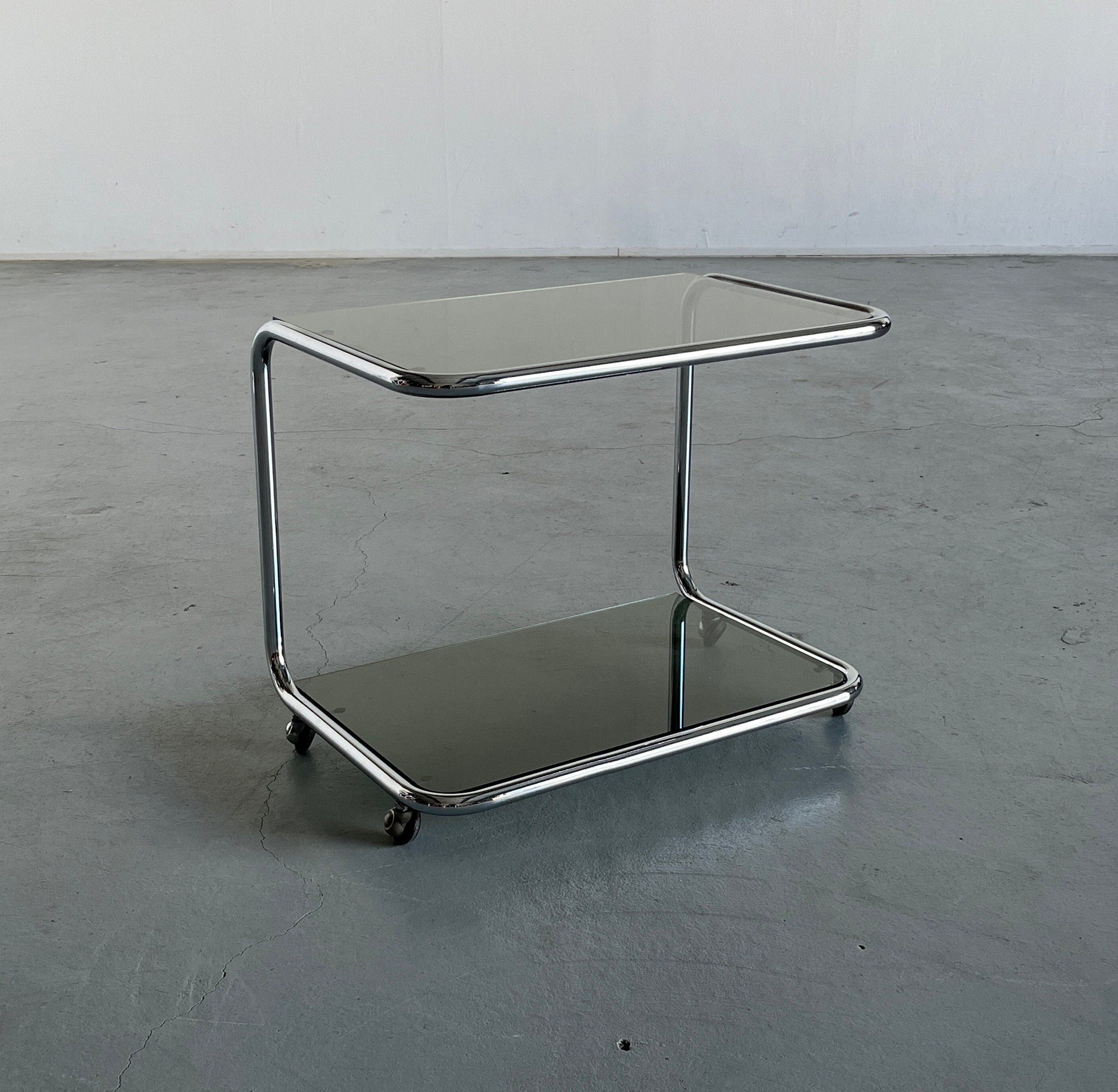 Glass Serving Trolley or Bar Cart Table, Chromed Tubular Steel