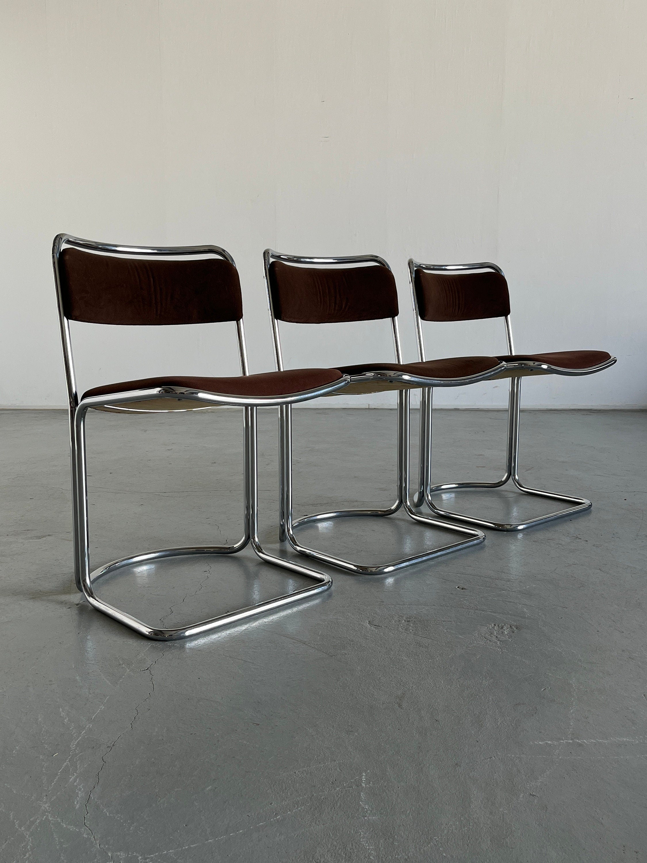 Italian Chairs, Dark Brown Upholstery and Chromed Tubular Steel Frame
