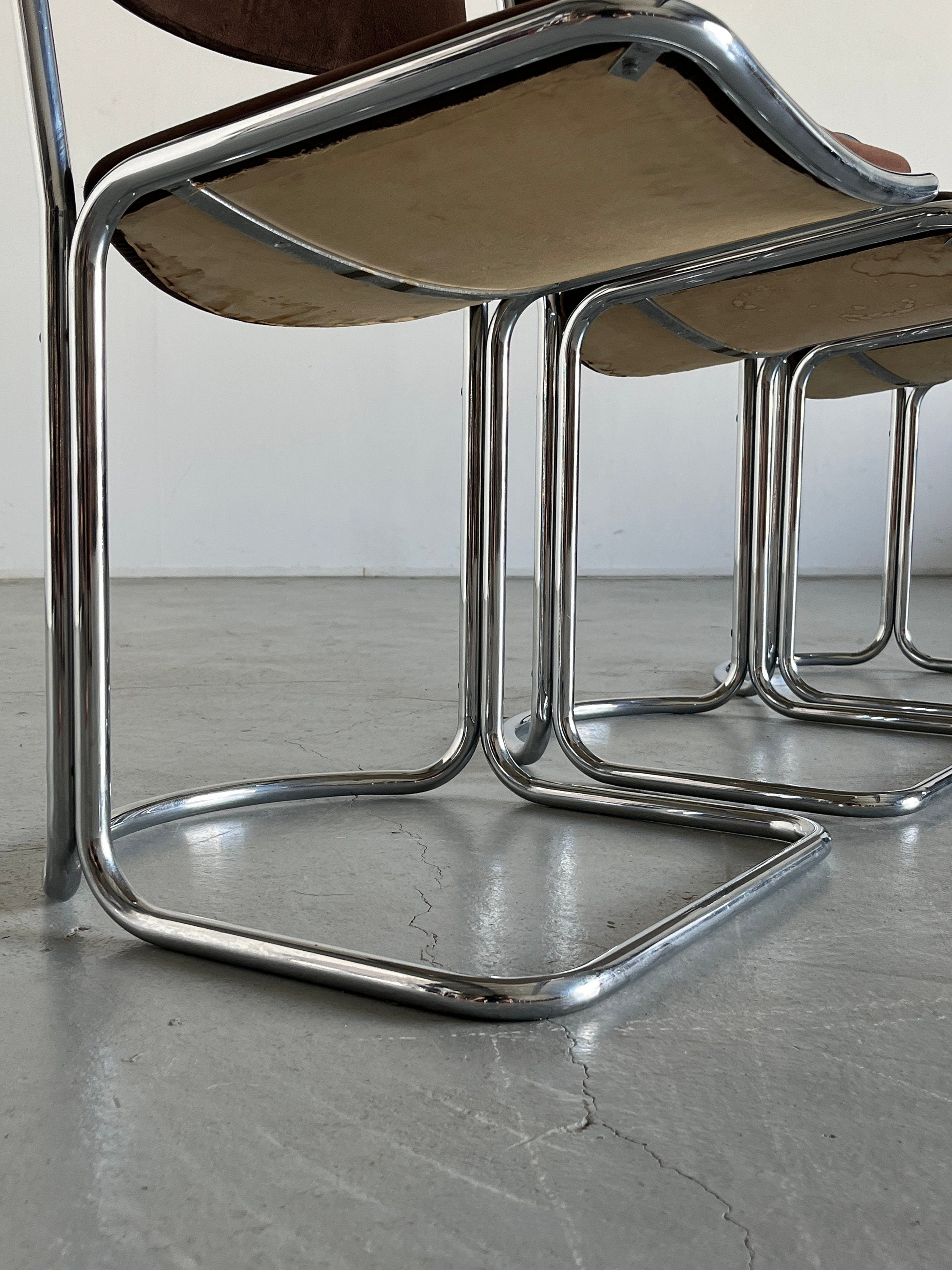 Italian Chairs, Dark Brown Upholstery and Chromed Tubular Steel Frame