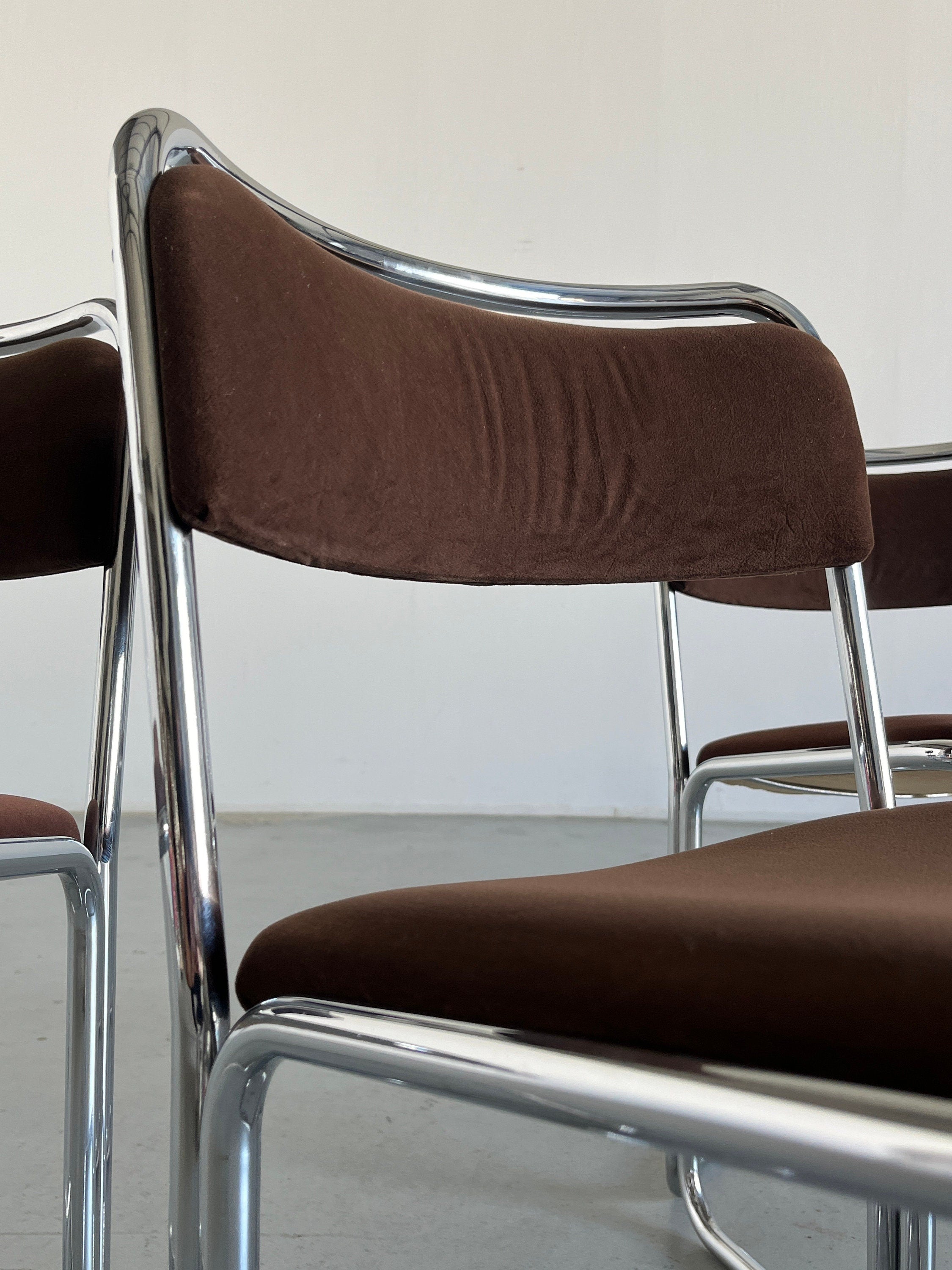 Italian Chairs, Dark Brown Upholstery and Chromed Tubular Steel Frame