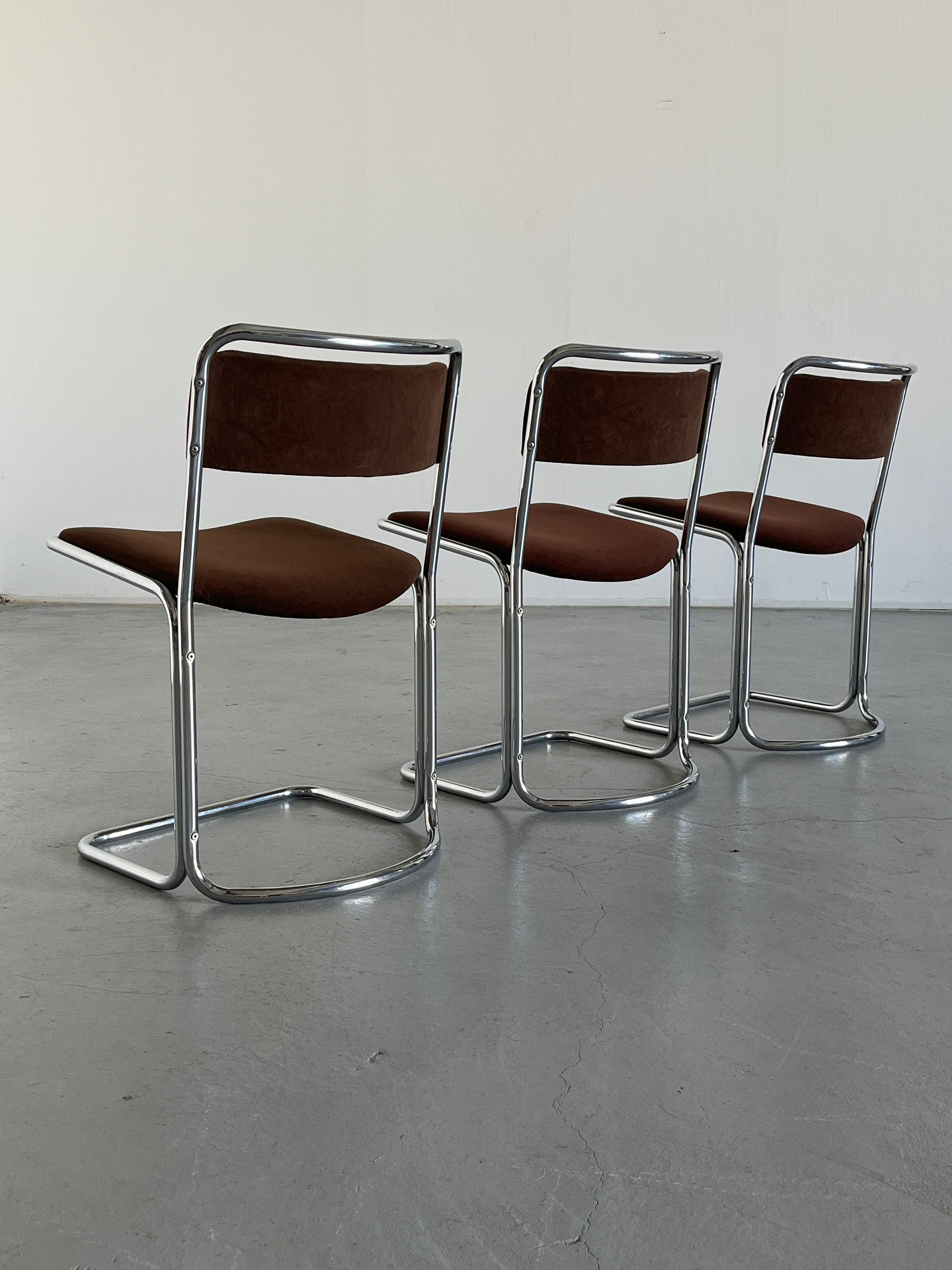 Italian Chairs, Dark Brown Upholstery and Chromed Tubular Steel Frame