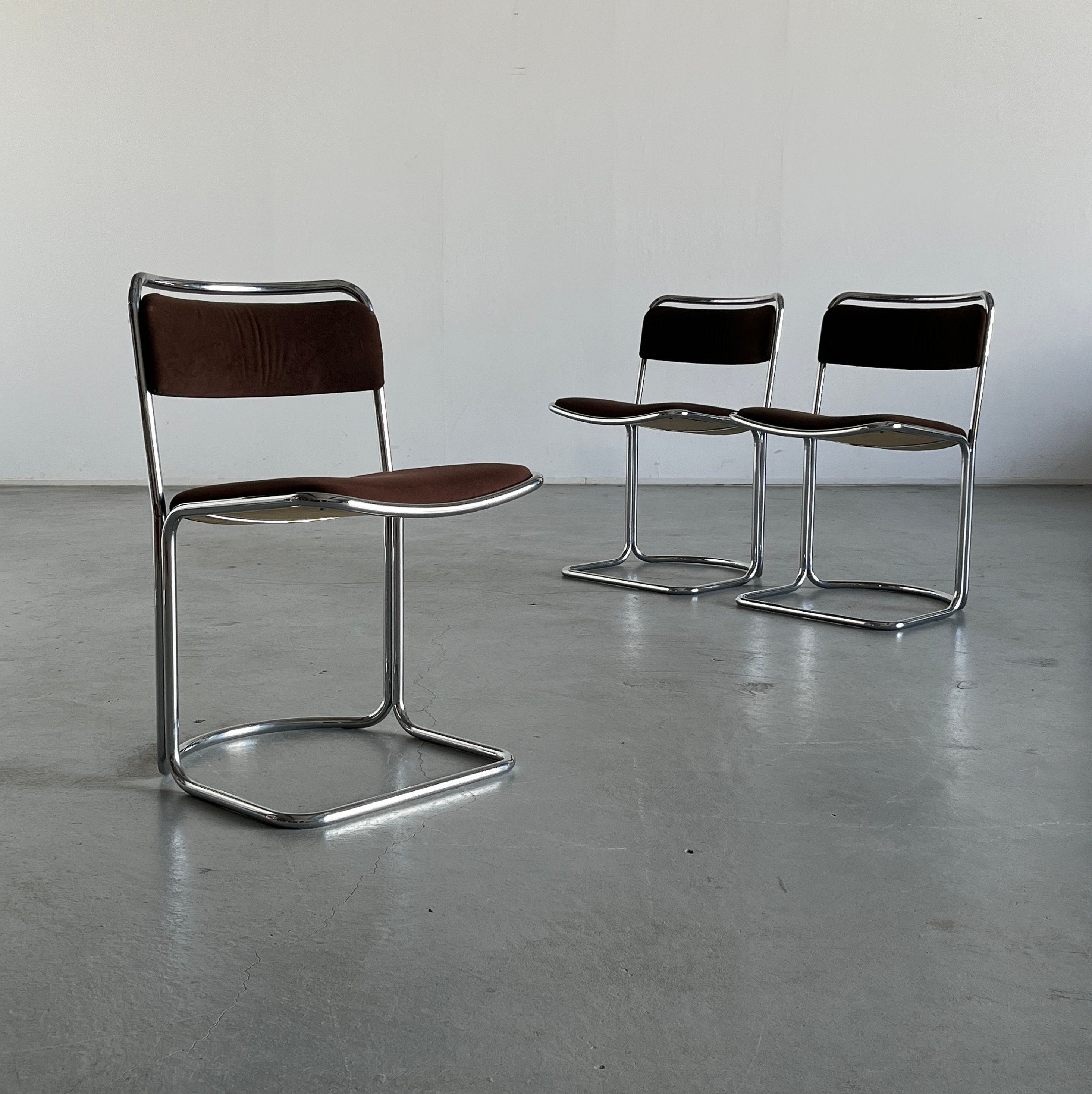 Italian Chairs, Dark Brown Upholstery and Chromed Tubular Steel Frame