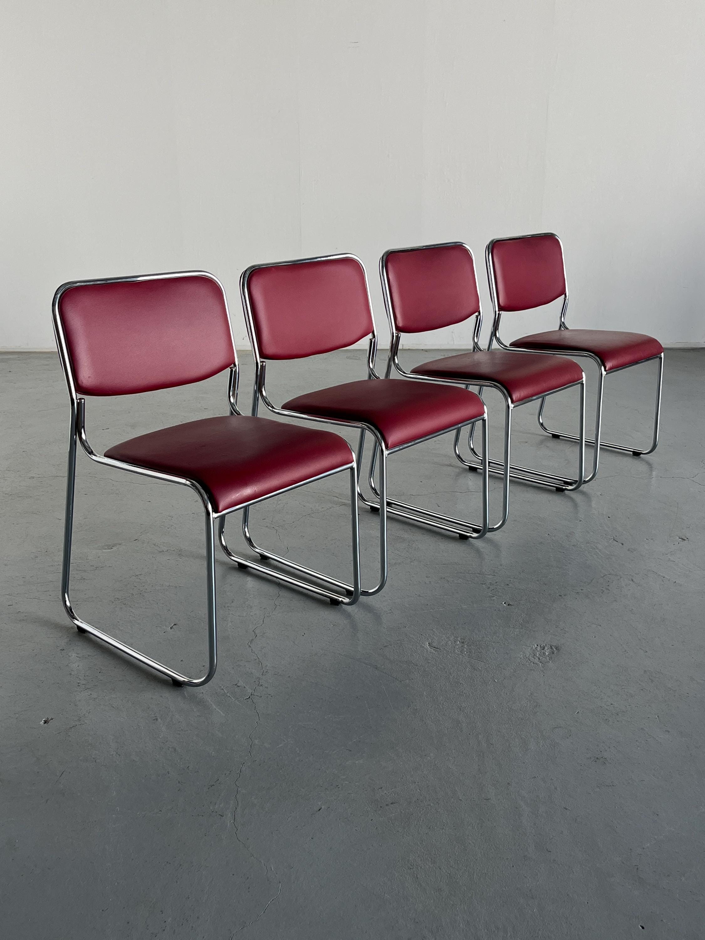 7Bauhaus Chromed Steel and Faux Leather Dining Chairs, 1990s