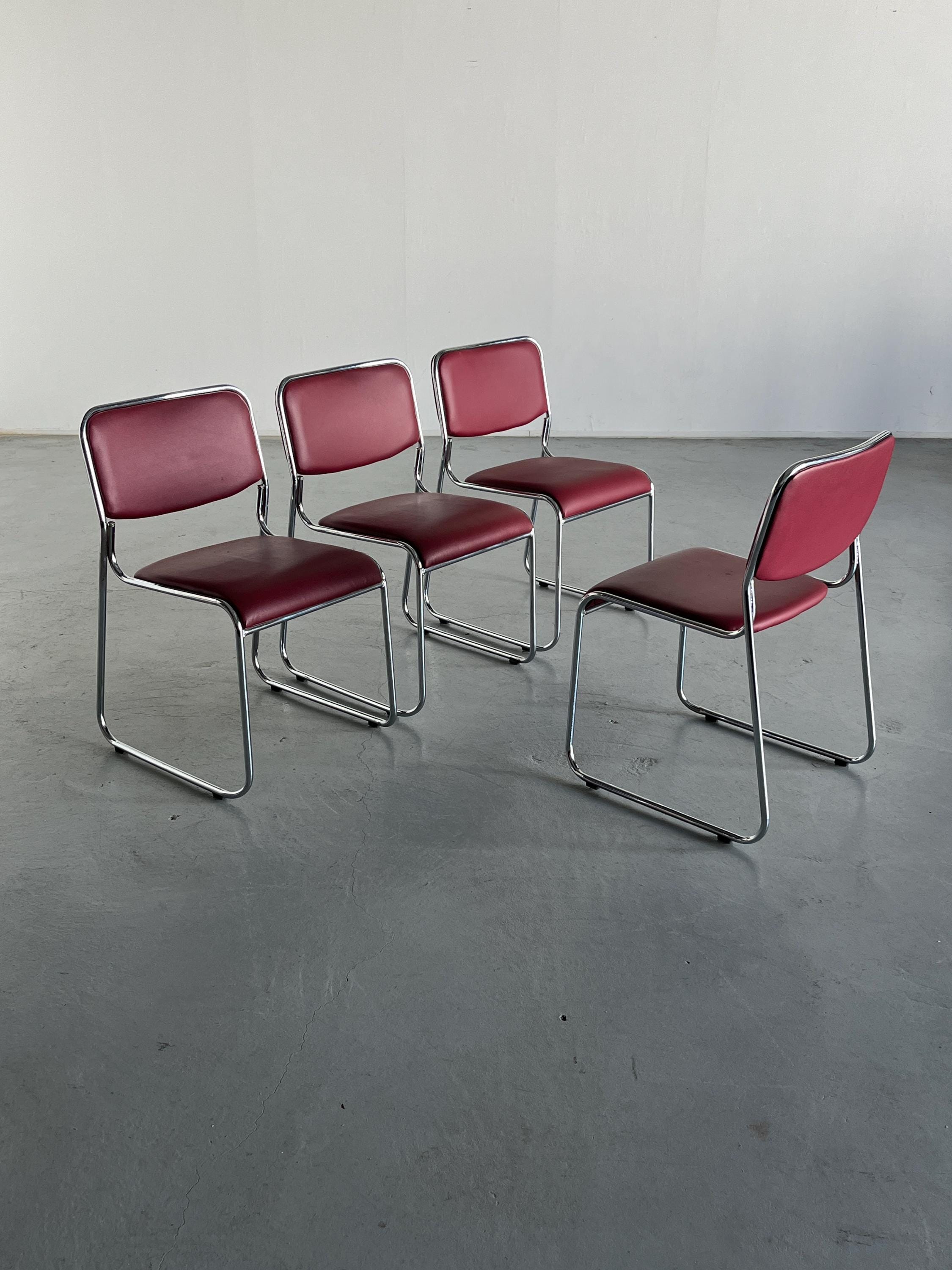 7Bauhaus Chromed Steel and Faux Leather Dining Chairs, 1990s