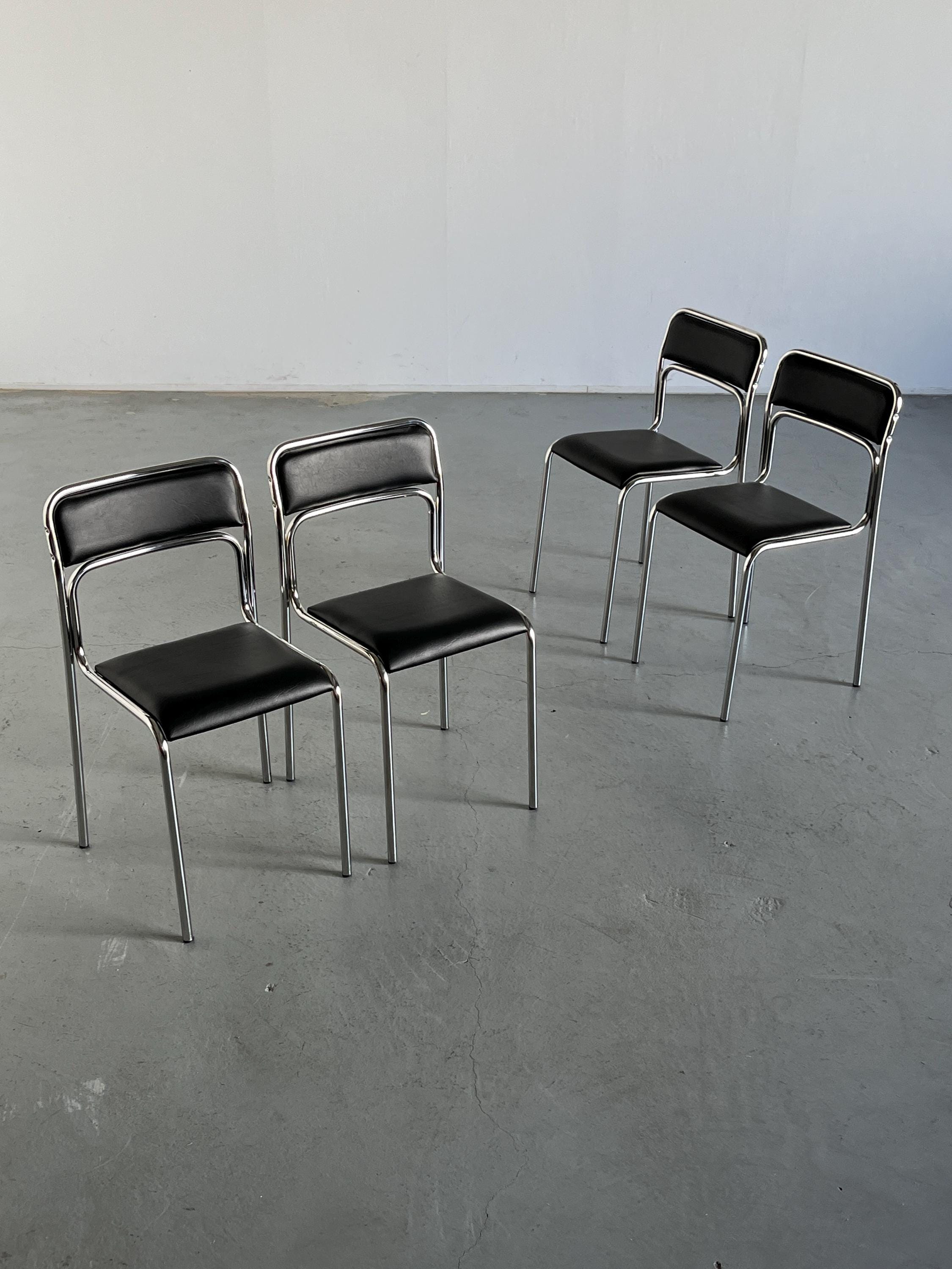 Bauhaus Chrome Tubular Steel and Black Faux Leather, Italian Modernist Stackable Dining Chairs