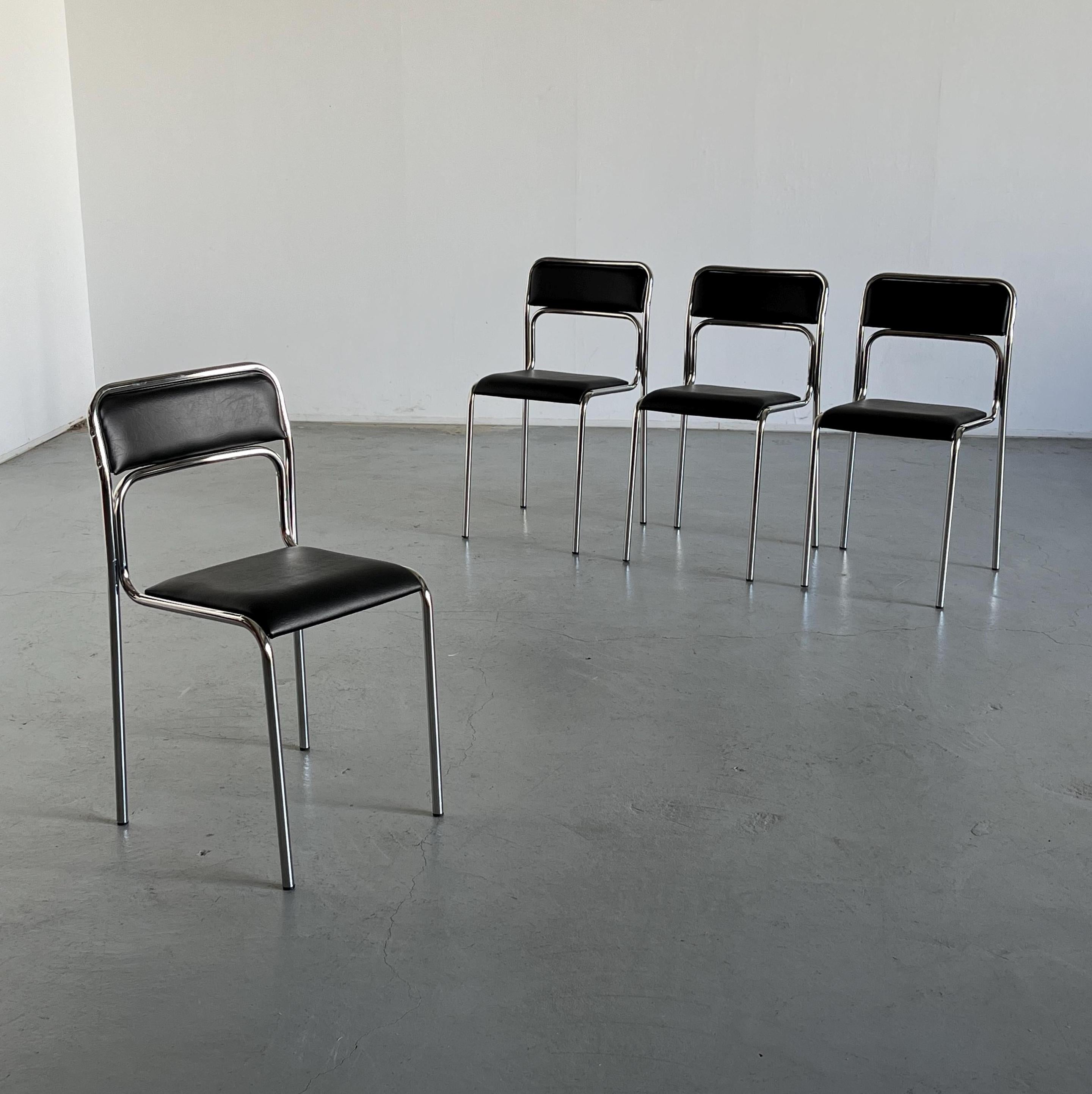 Bauhaus Chrome Tubular Steel and Black Faux Leather Chairs