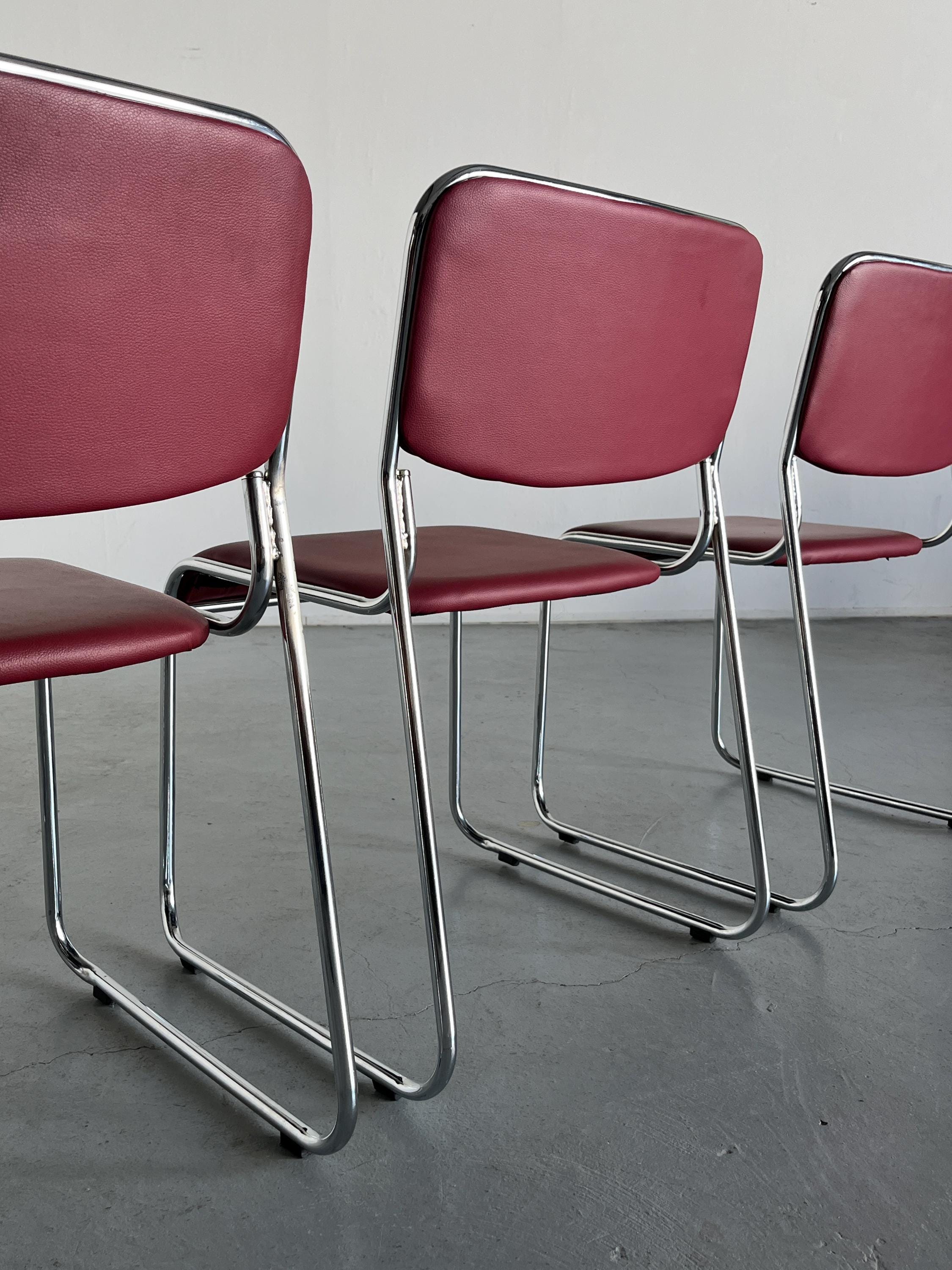 7Bauhaus Chromed Steel and Faux Leather Dining Chairs, 1990s