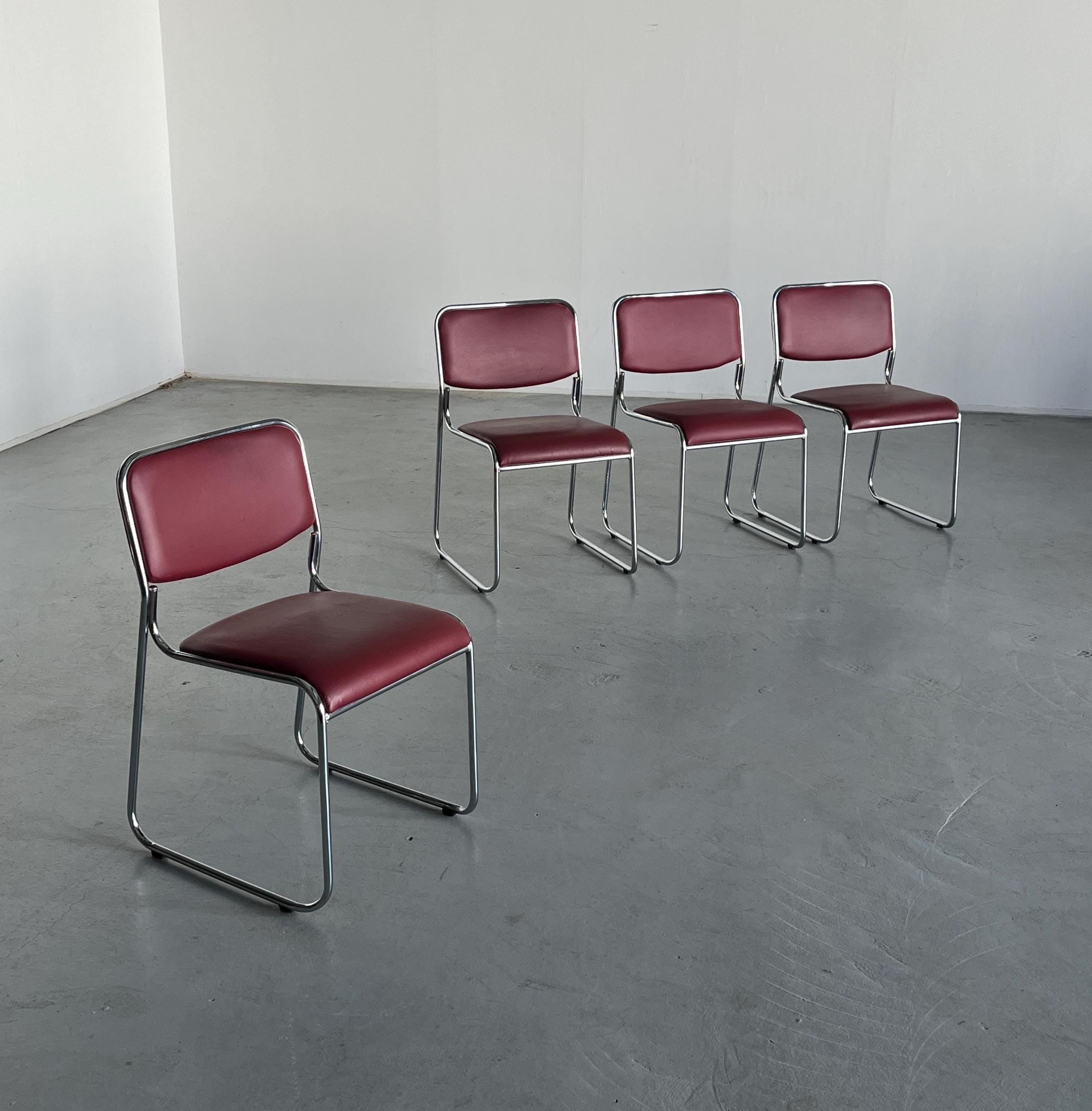 7Bauhaus Chromed Steel and Faux Leather Dining Chairs, 1990s