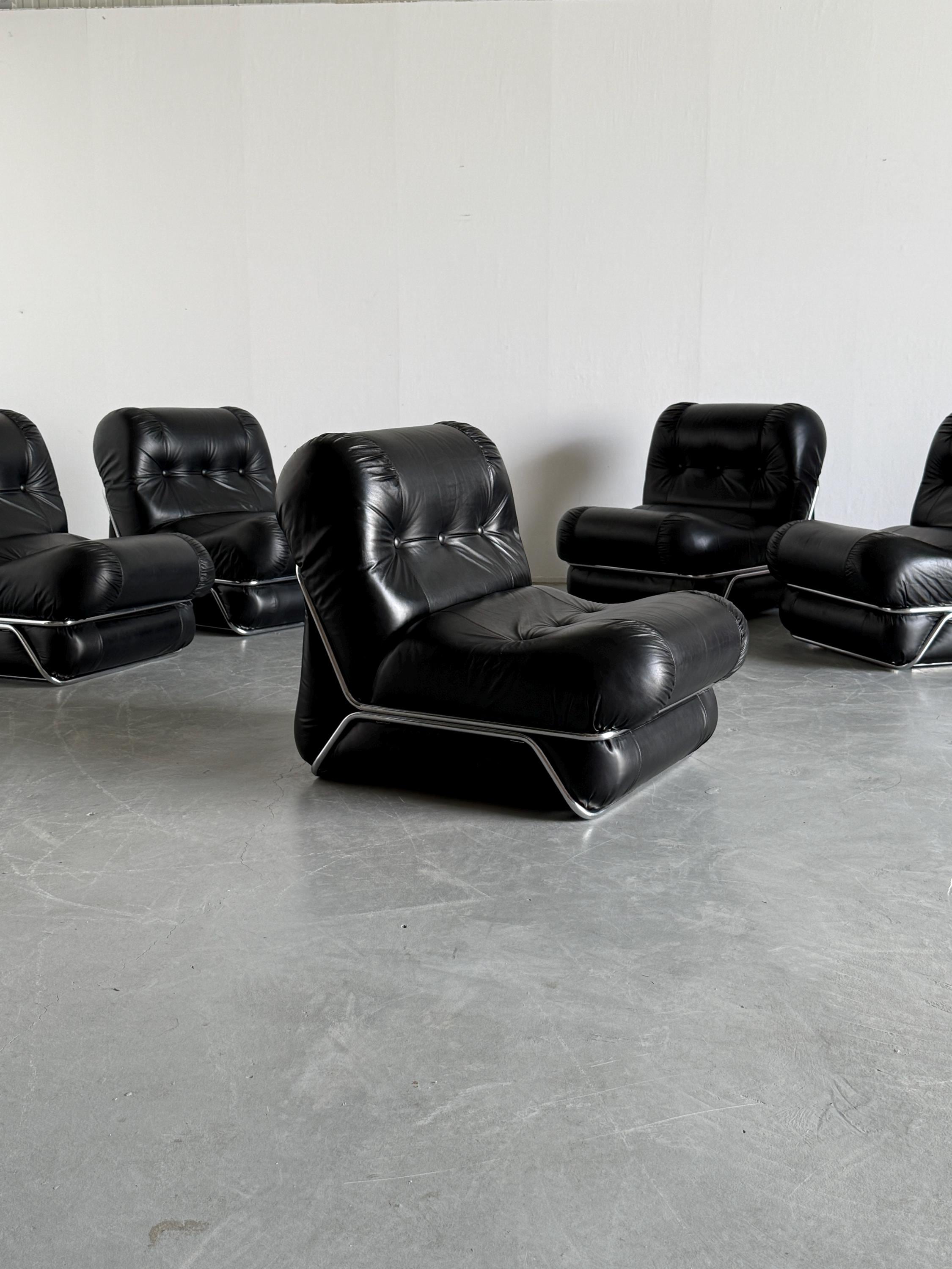 Mid-Century Modern Modular Seating Set, Black Faux Leather and Chrome Structure