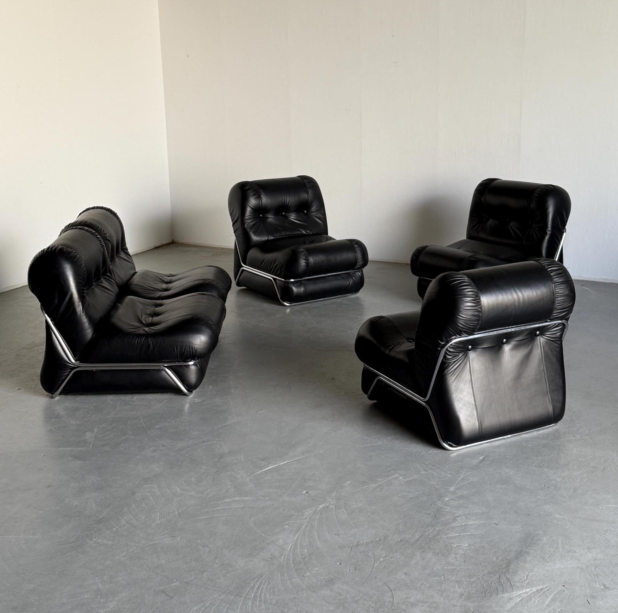 Mid-Century Modern Modular Seating Set, Black Faux Leather and Chrome Structure