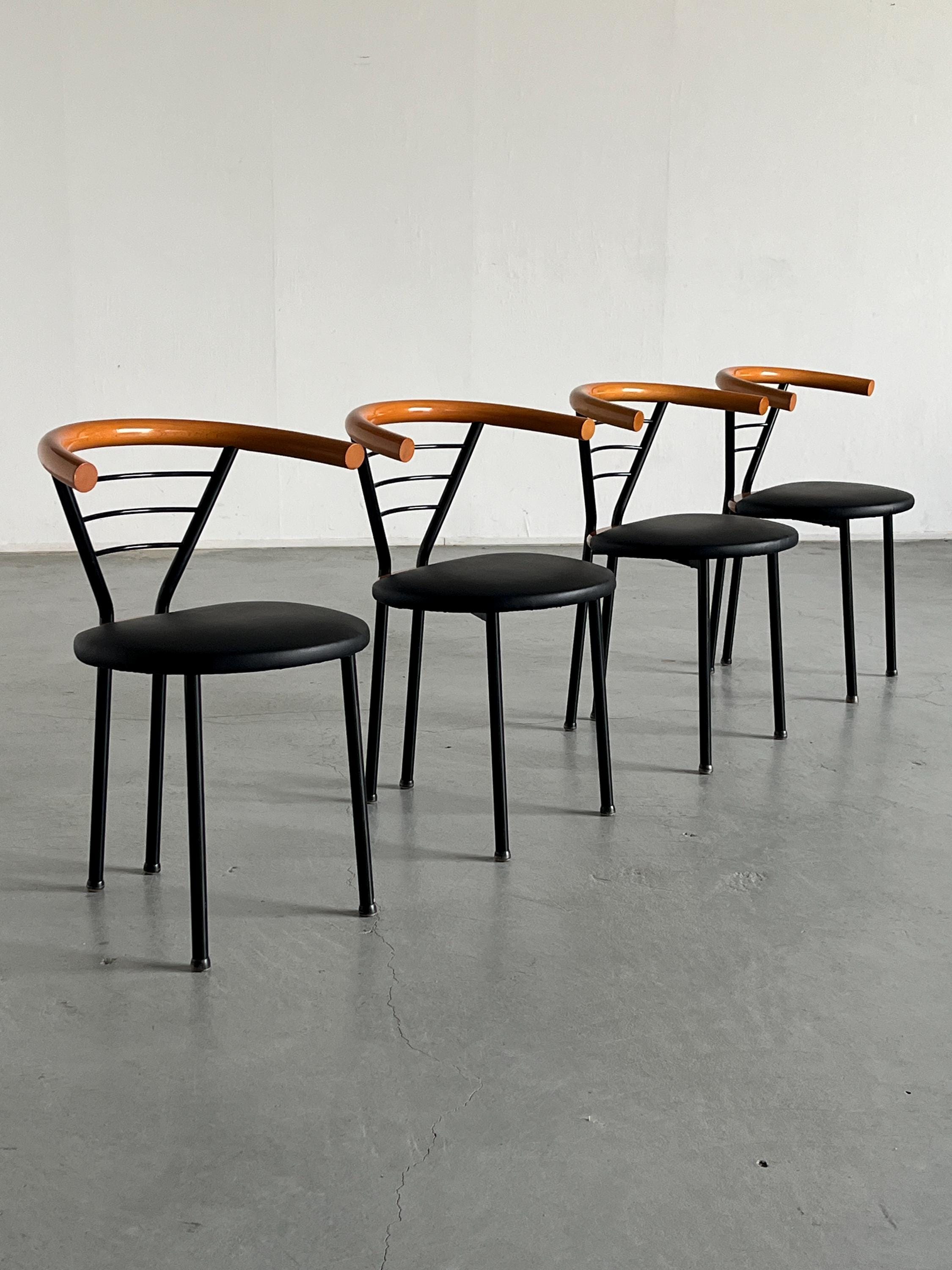 Geometrical Armchairs in Black Faux Leather, Metal and Lacquered Wood