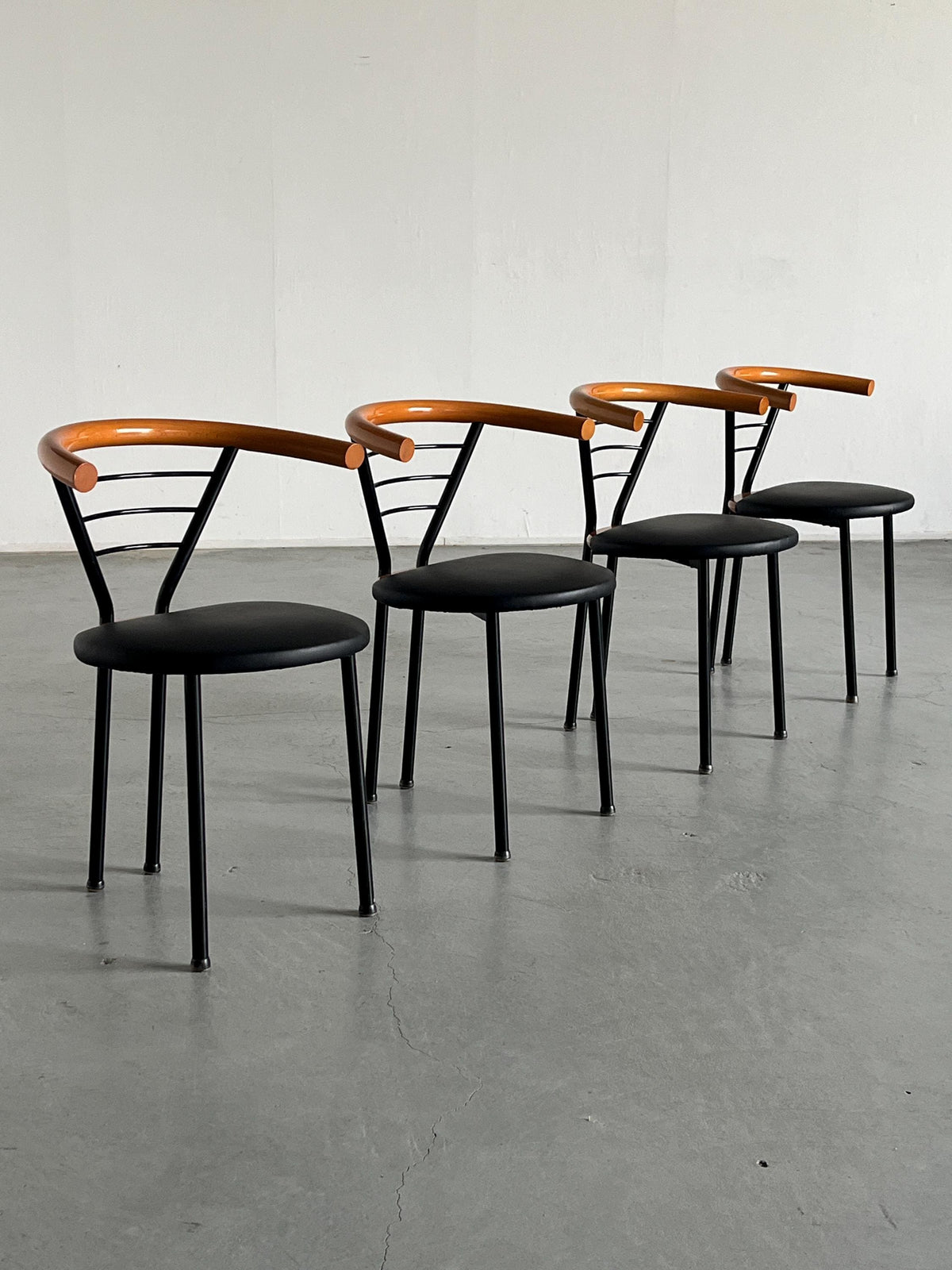 Geometrical Armchairs in Black Faux Leather, Metal and Lacquered Wood