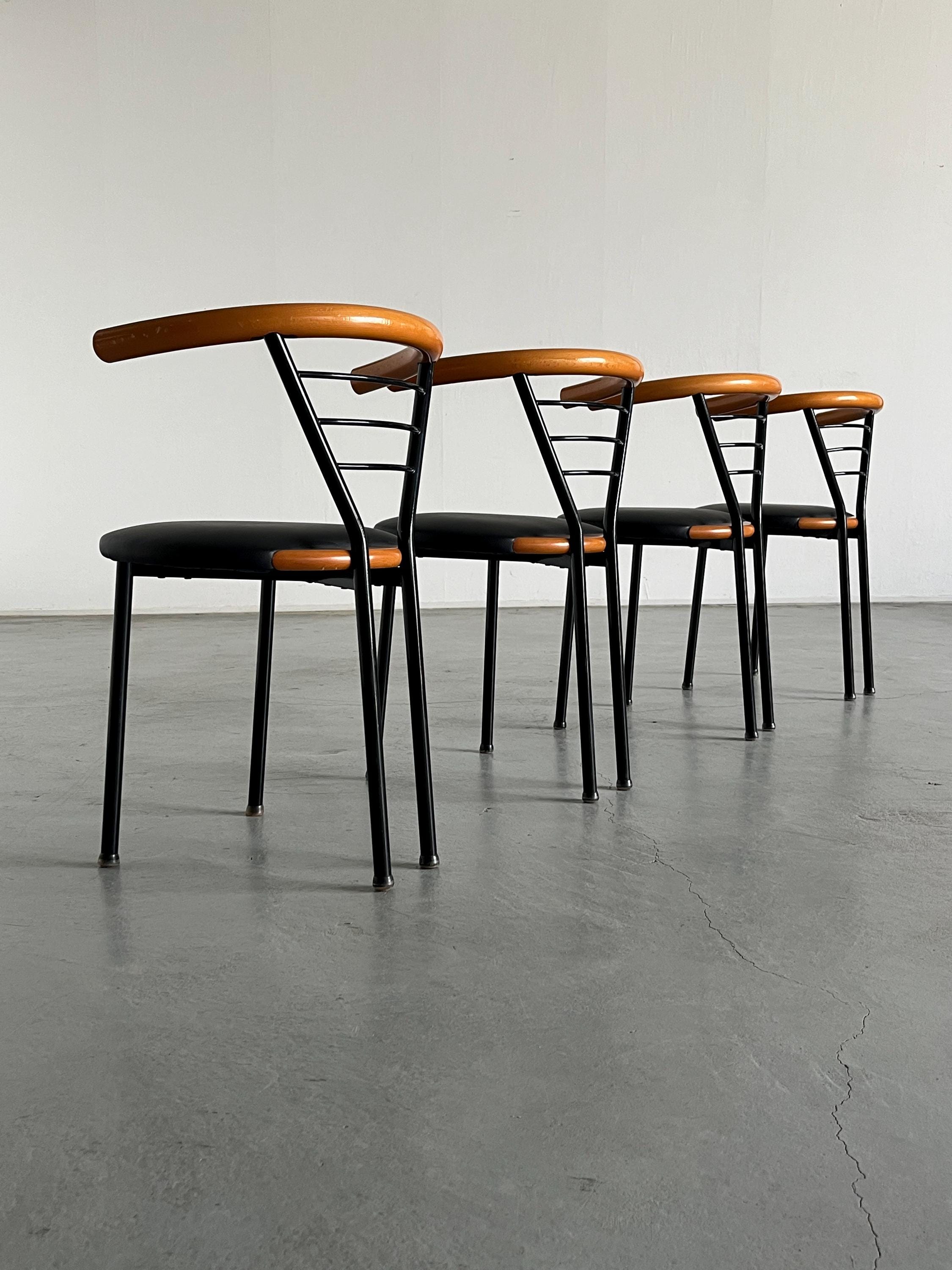 Geometrical Armchairs in Black Faux Leather, Metal and Lacquered Wood