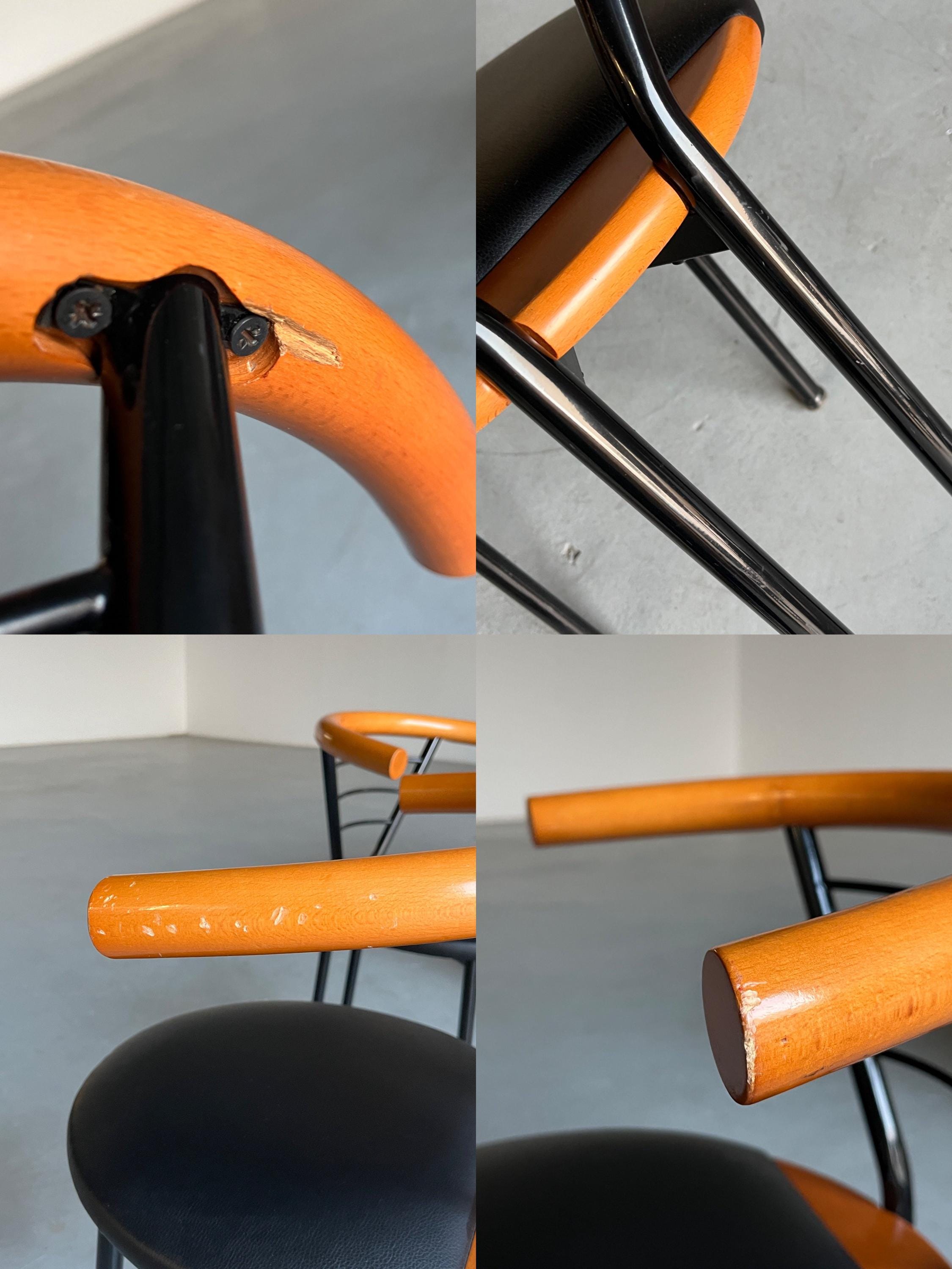 Geometrical Armchairs in Black Faux Leather, Metal and Lacquered Wood