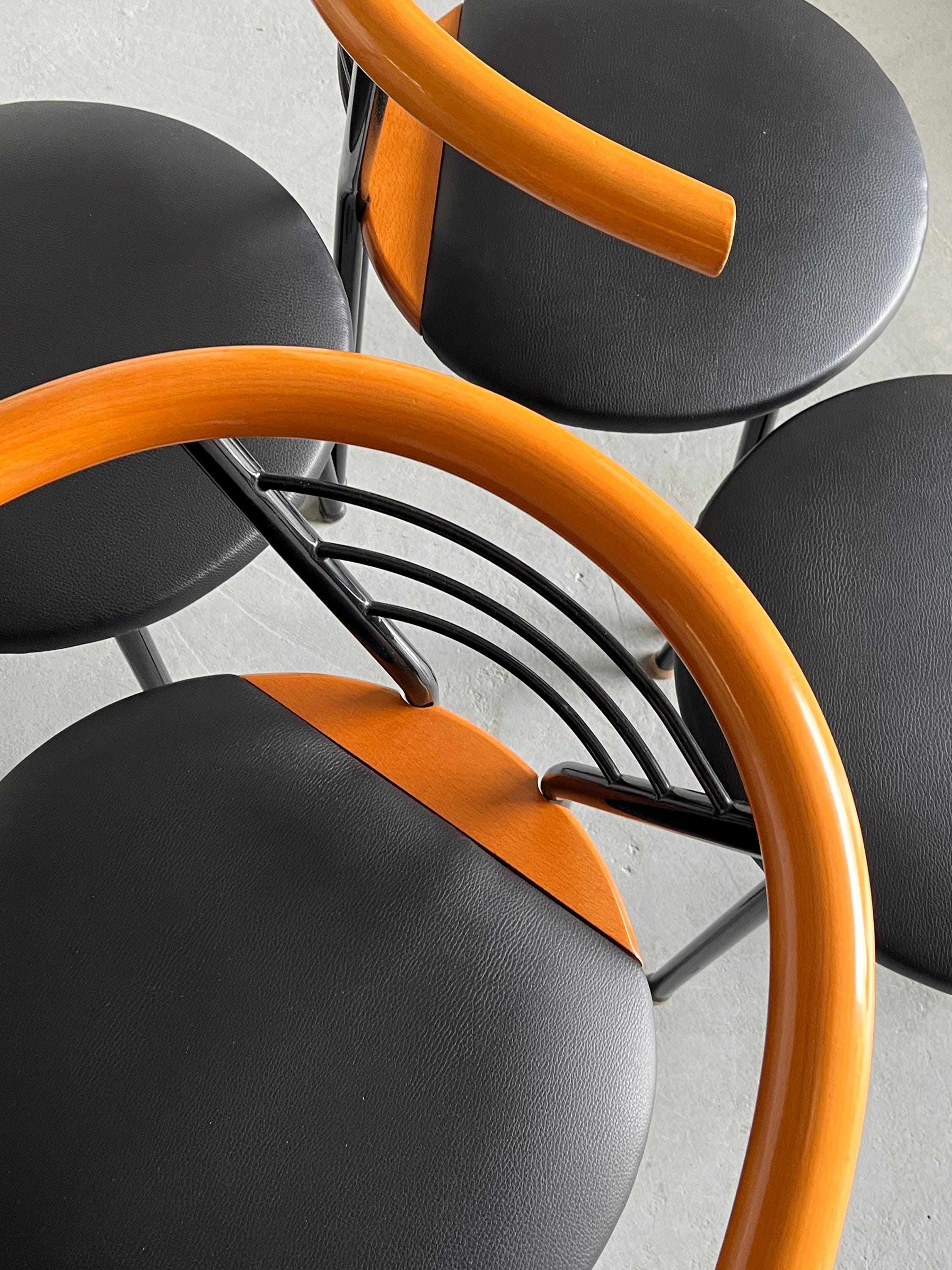 Geometrical Armchairs in Black Faux Leather, Metal and Lacquered Wood
