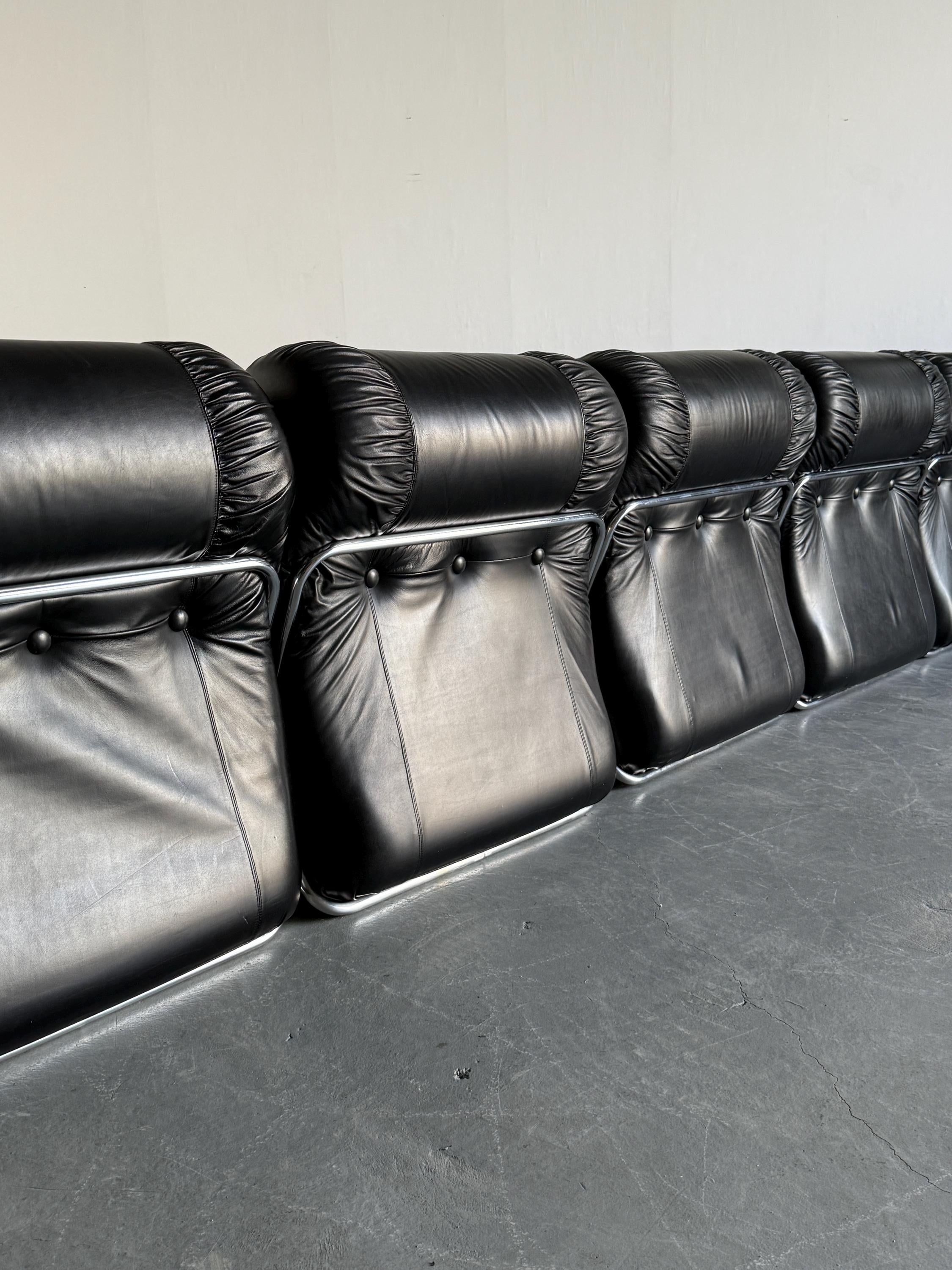 Mid-Century Modern Modular Seating Set, Black Faux Leather and Chrome Structure