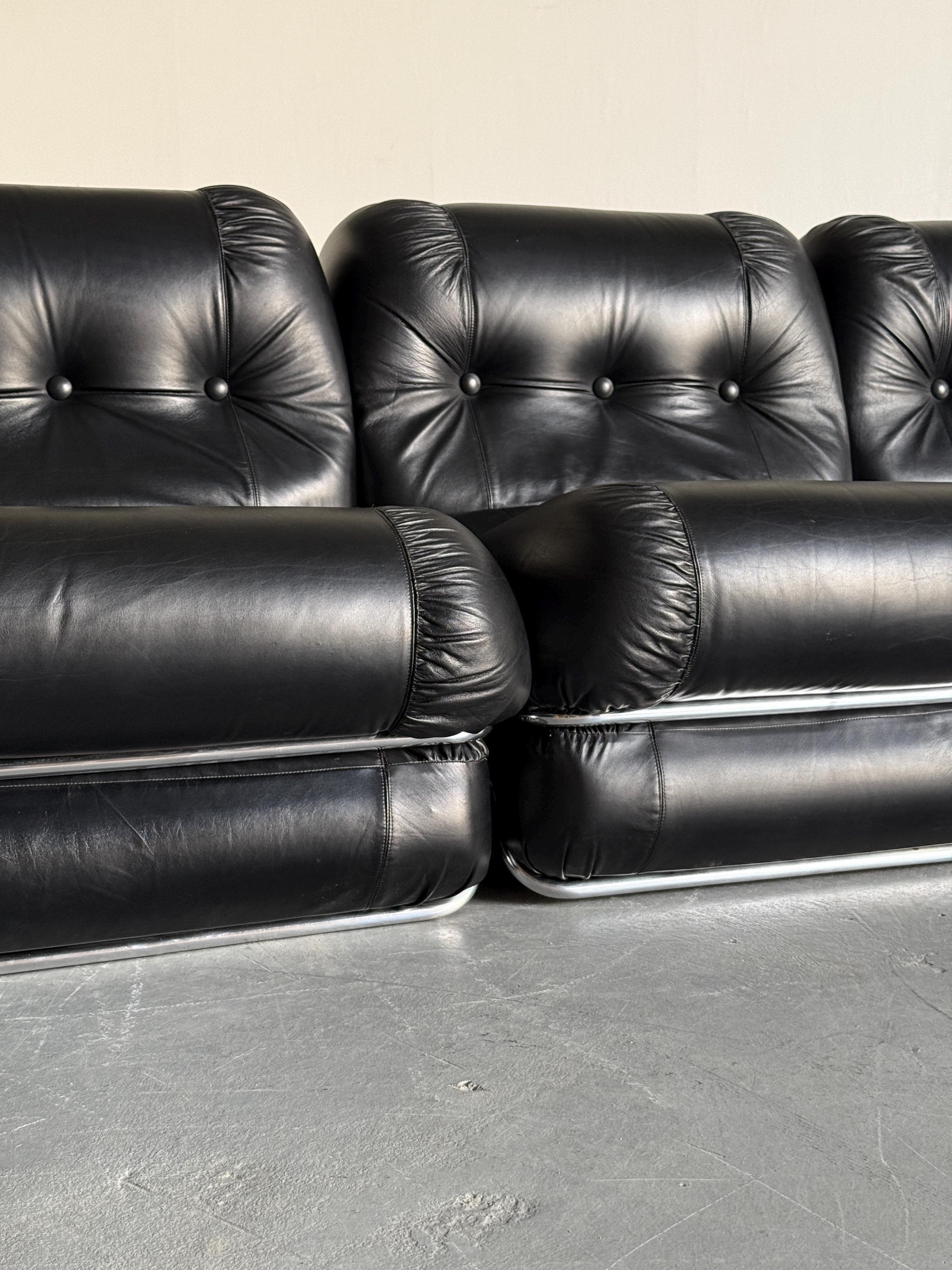 Mid-Century Modern Modular Seating Set, Black Faux Leather and Chrome Structure