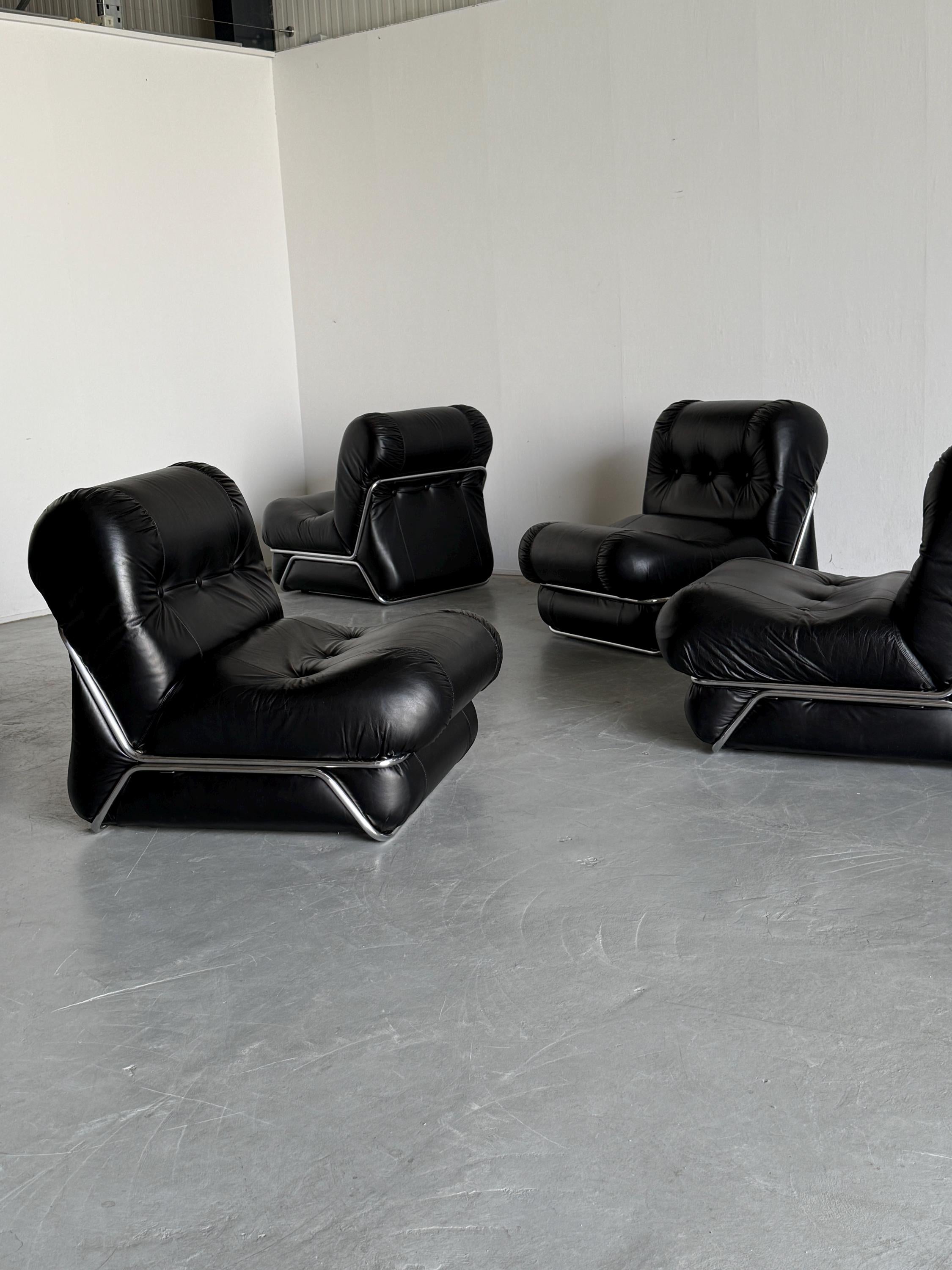 Mid-Century Modern Modular Seating Set, Black Faux Leather and Chrome Structure