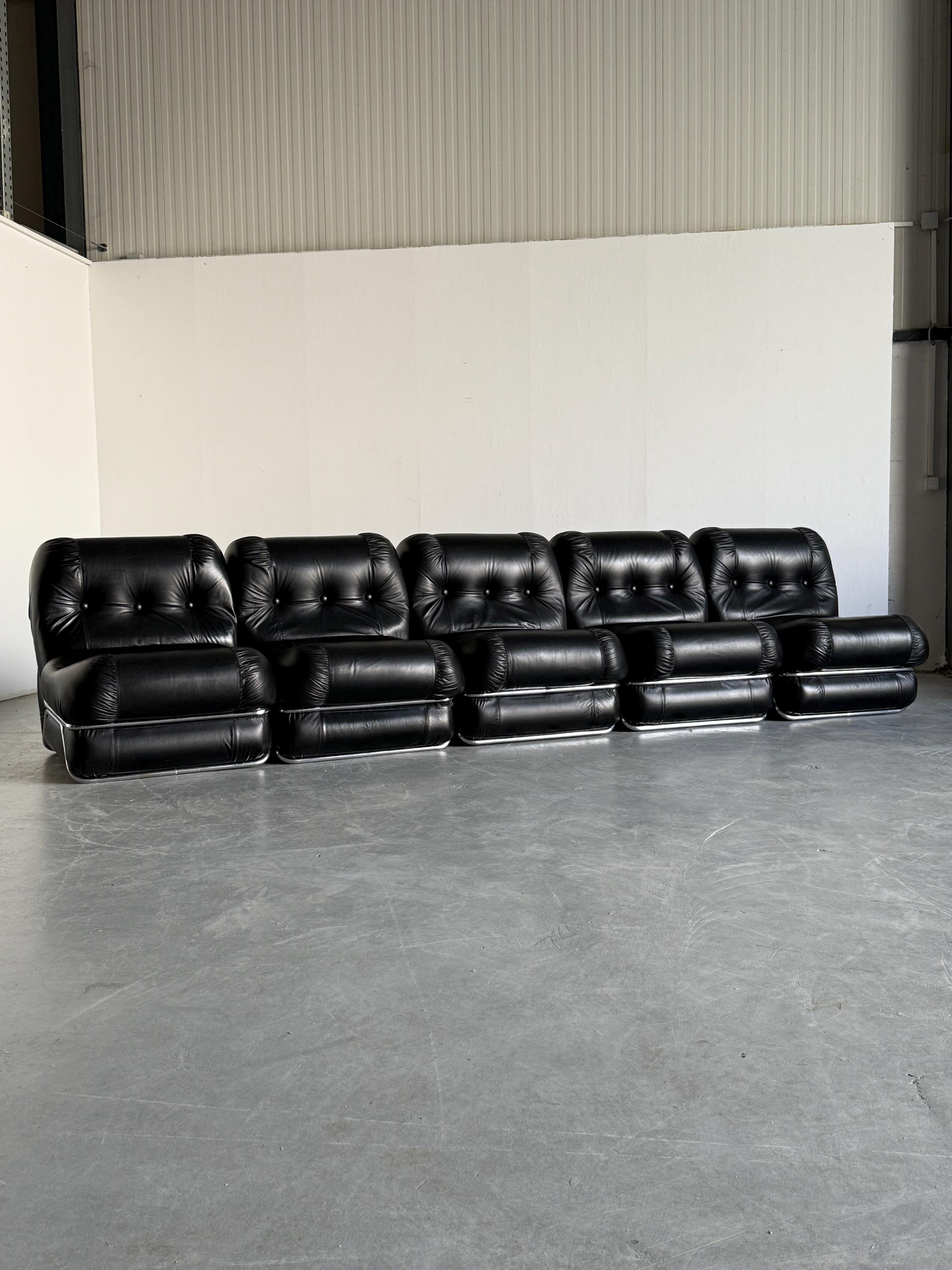 Mid-Century Modern Modular Seating Set, Black Faux Leather and Chrome Structure