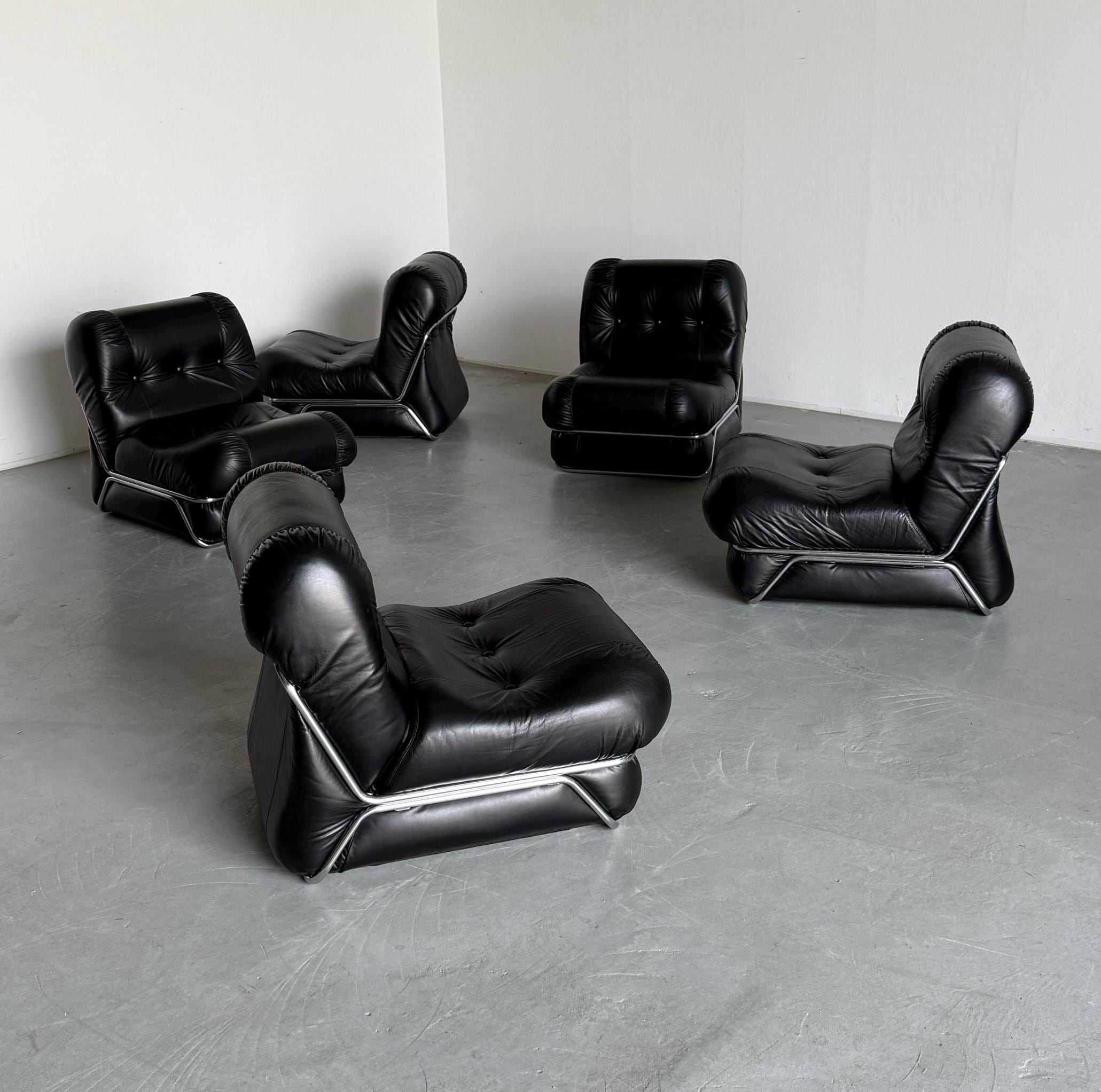 Mid-Century Modern Modular Seating Set, Black Faux Leather and Chrome Structure