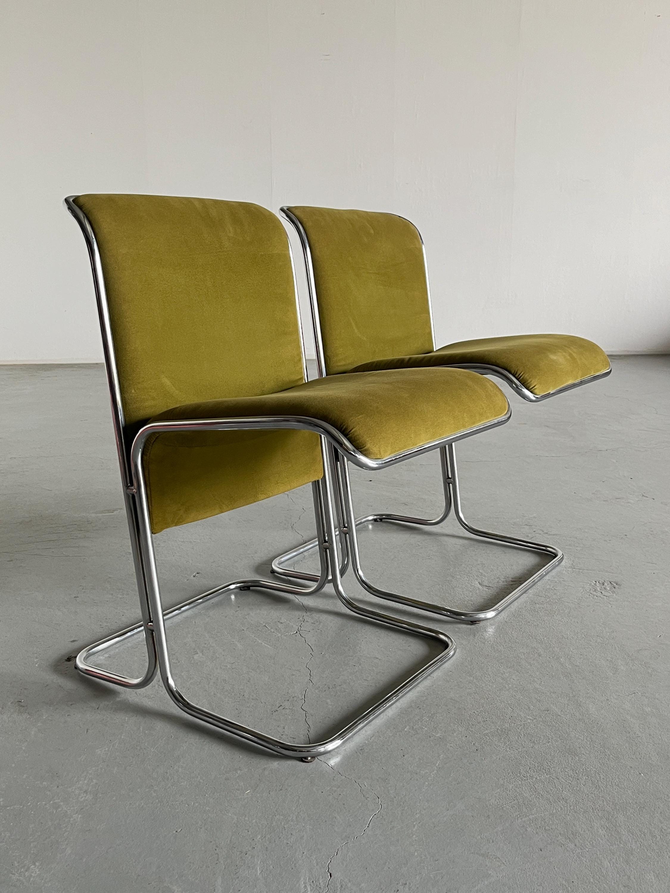 Pair of Mid-Century Modern "Calla" Dining Chairs by Antonio Ari Colombo for Arflex, Olive Green Velvet and Bent Chromed Steel, 1970s Italy