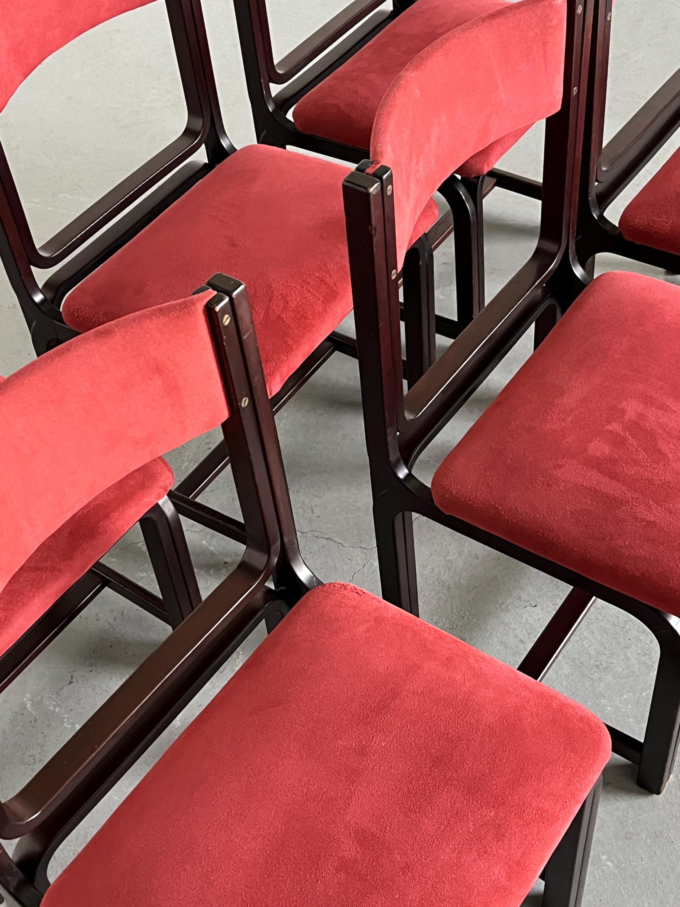 Sculptural Dining Chairs in Bourdeaux Upholstery and Walnut, 1970s