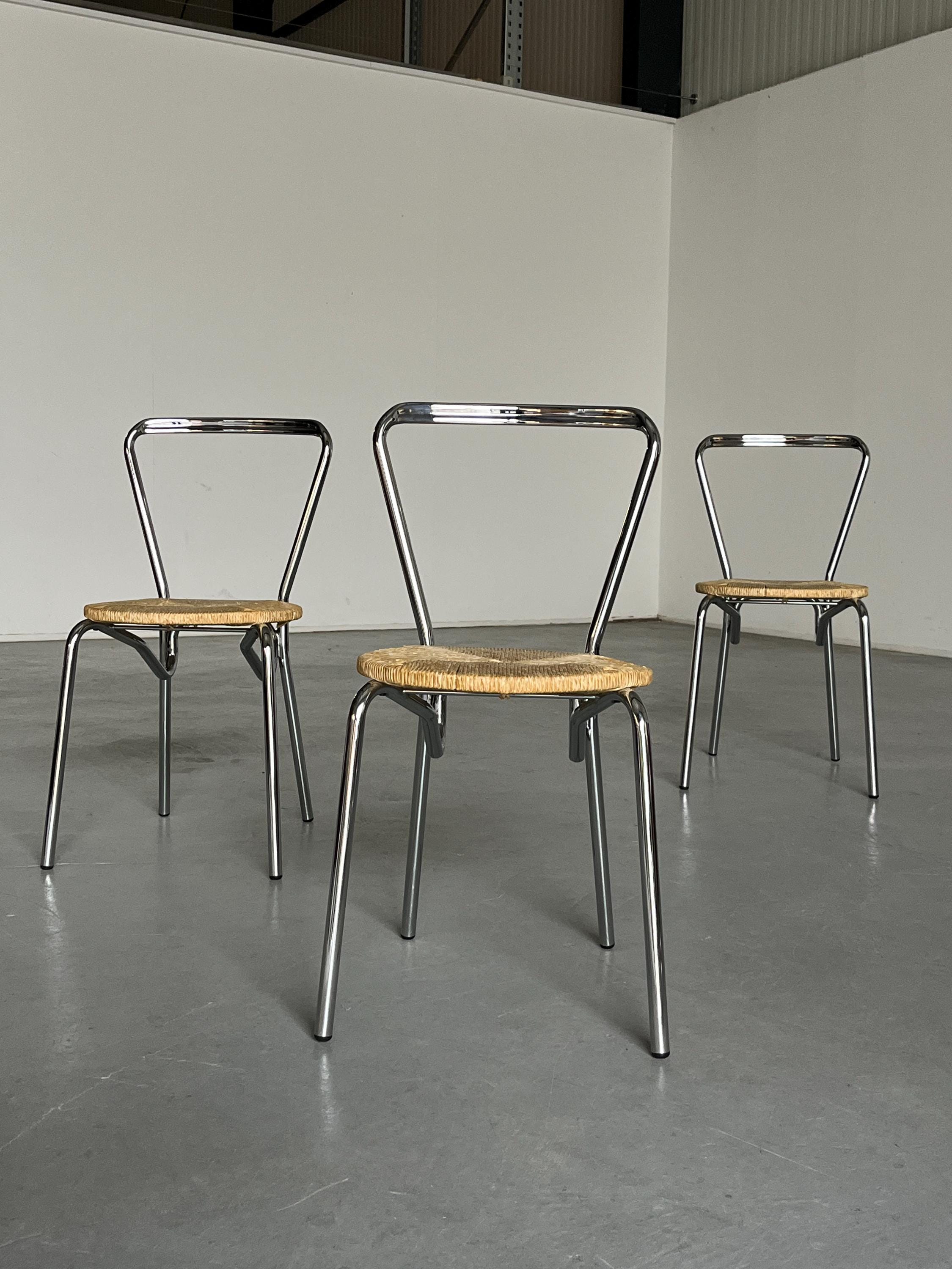 Modernist Dining Chairs in Chromed Steel and Woven Rope Seats