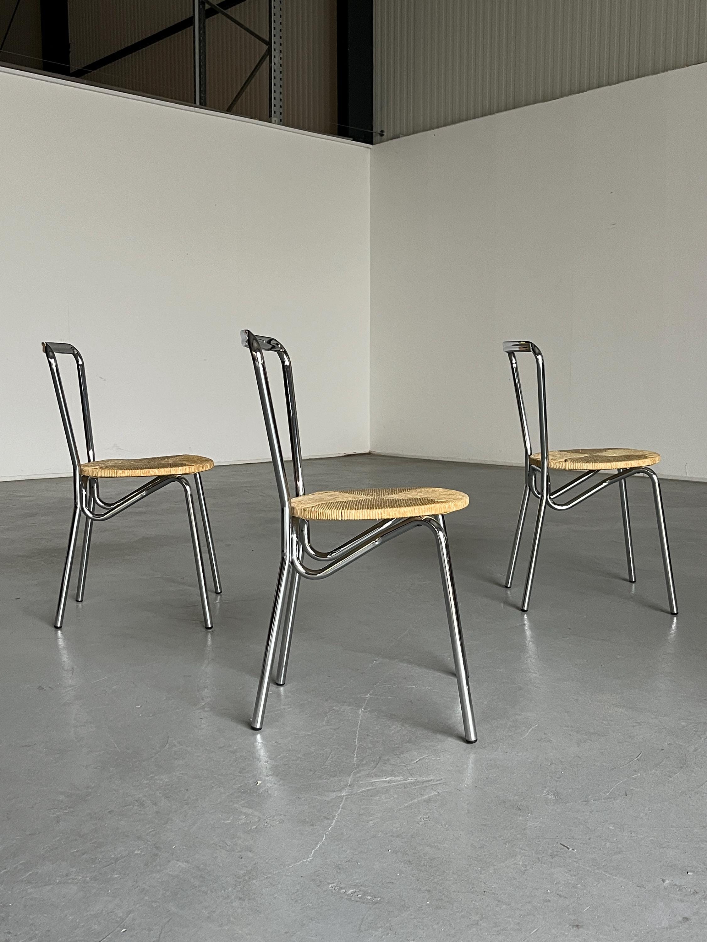 Modernist Dining Chairs in Chromed Steel and Woven Rope Seats