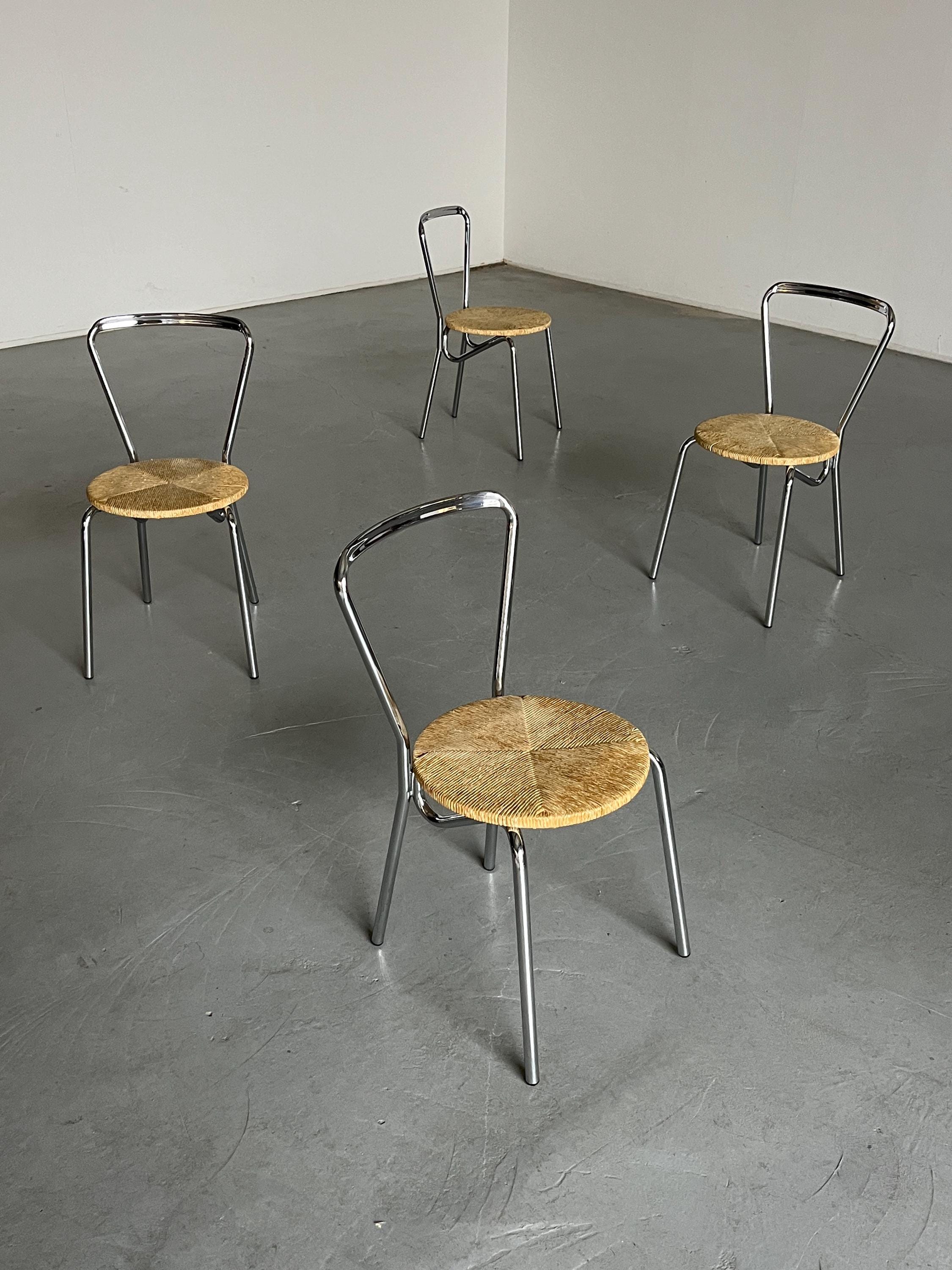 Modernist Dining Chairs in Chromed Steel and Woven Rope Seats