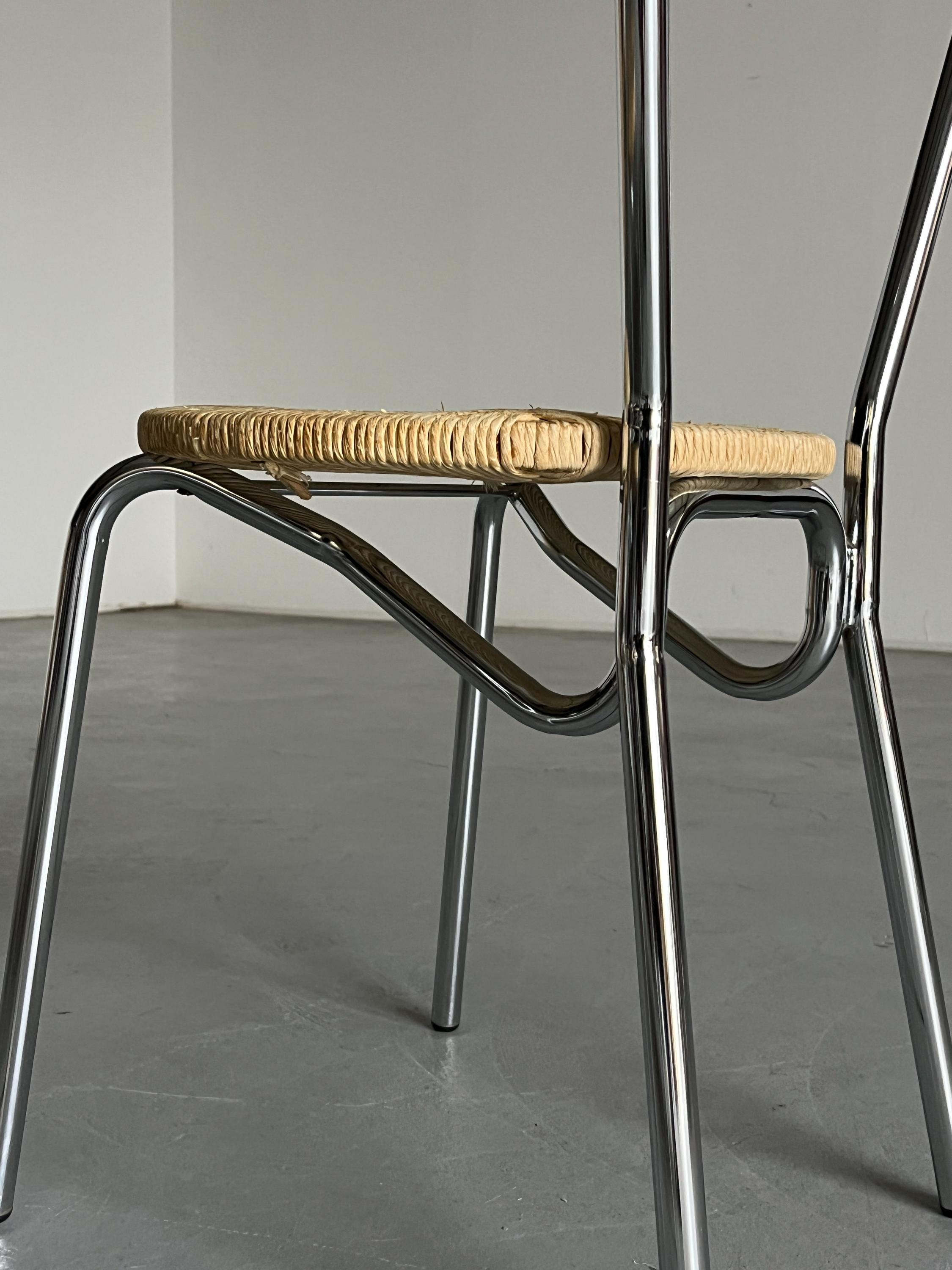 Modernist Dining Chairs in Chromed Steel and Woven Rope Seats