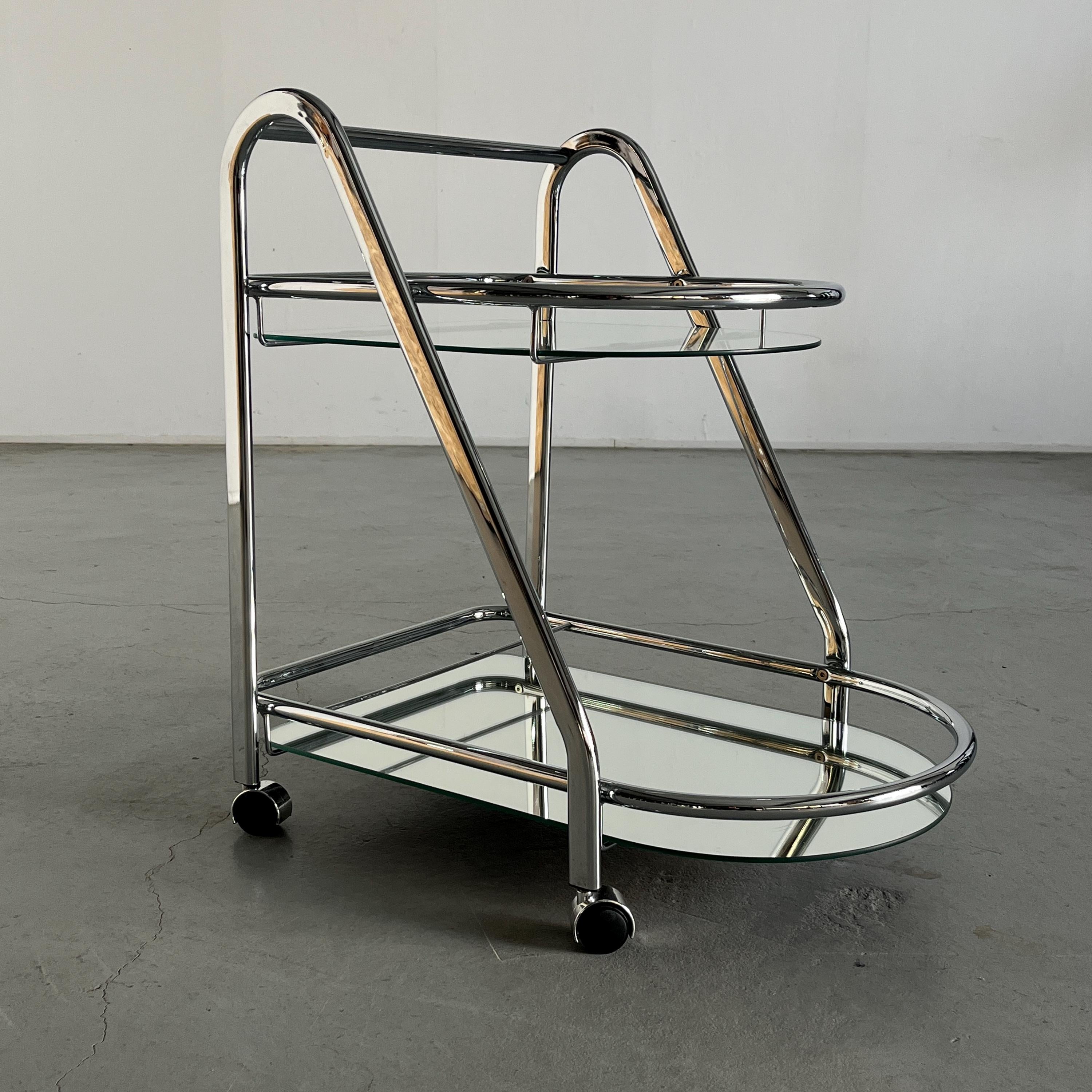 Serving Trolley in Chromed Steel, Glass and Mirror, 1970s Italy