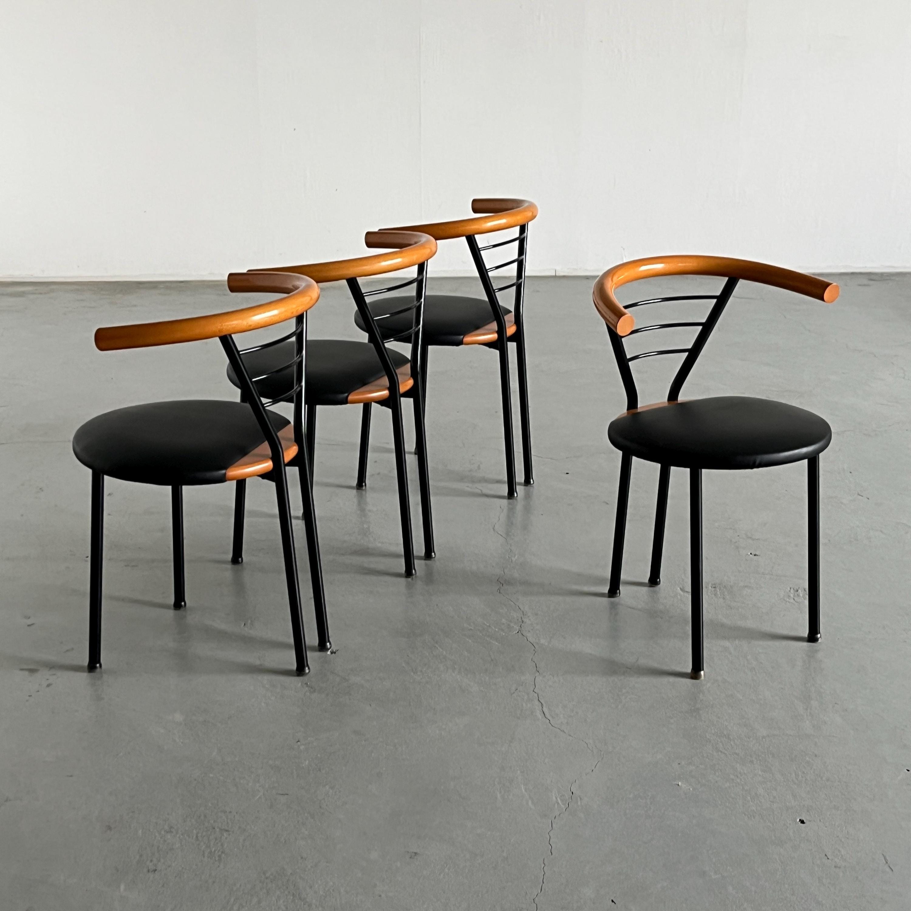 Geometrical Armchairs in Black Faux Leather, Metal and Lacquered Wood