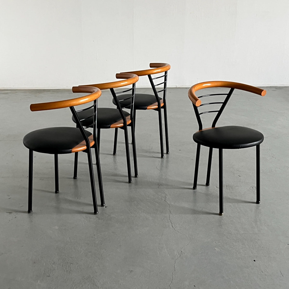 Geometrical Armchairs in Black Faux Leather, Metal and Lacquered Wood