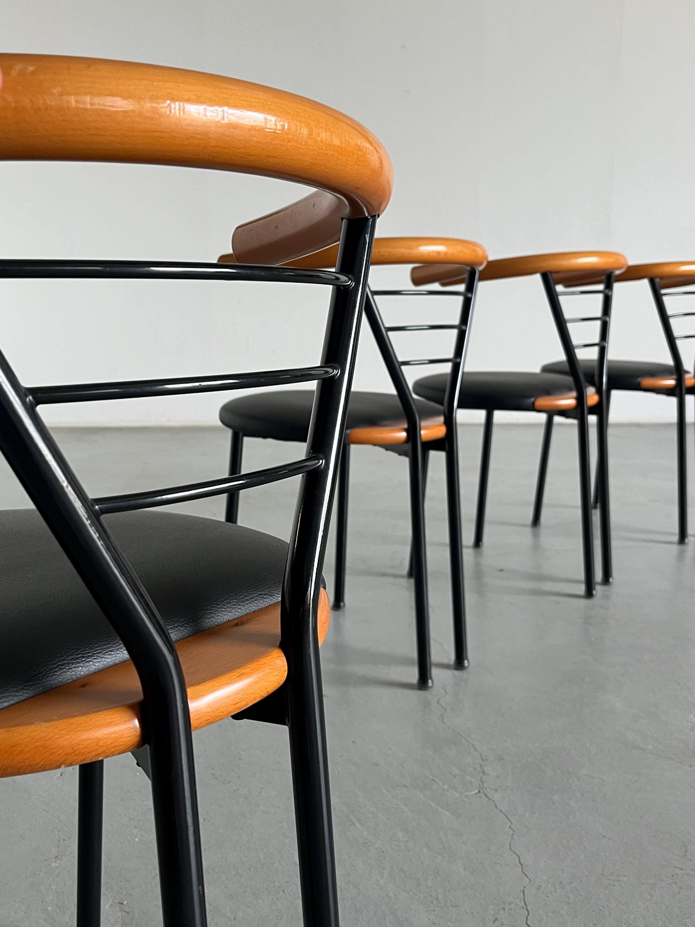 Geometrical Armchairs in Black Faux Leather, Metal and Lacquered Wood