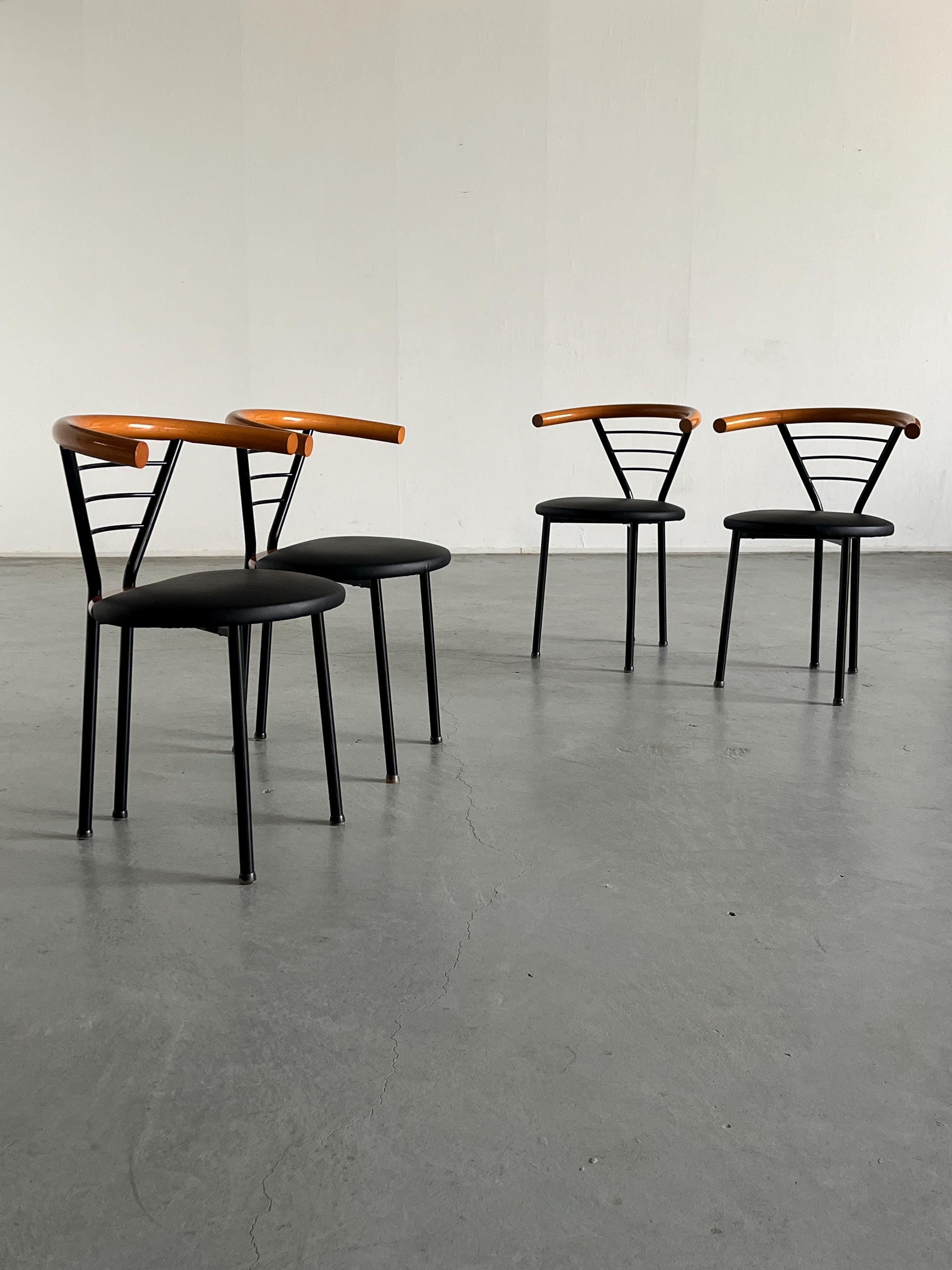 Geometrical Armchairs in Black Faux Leather, Metal and Lacquered Wood