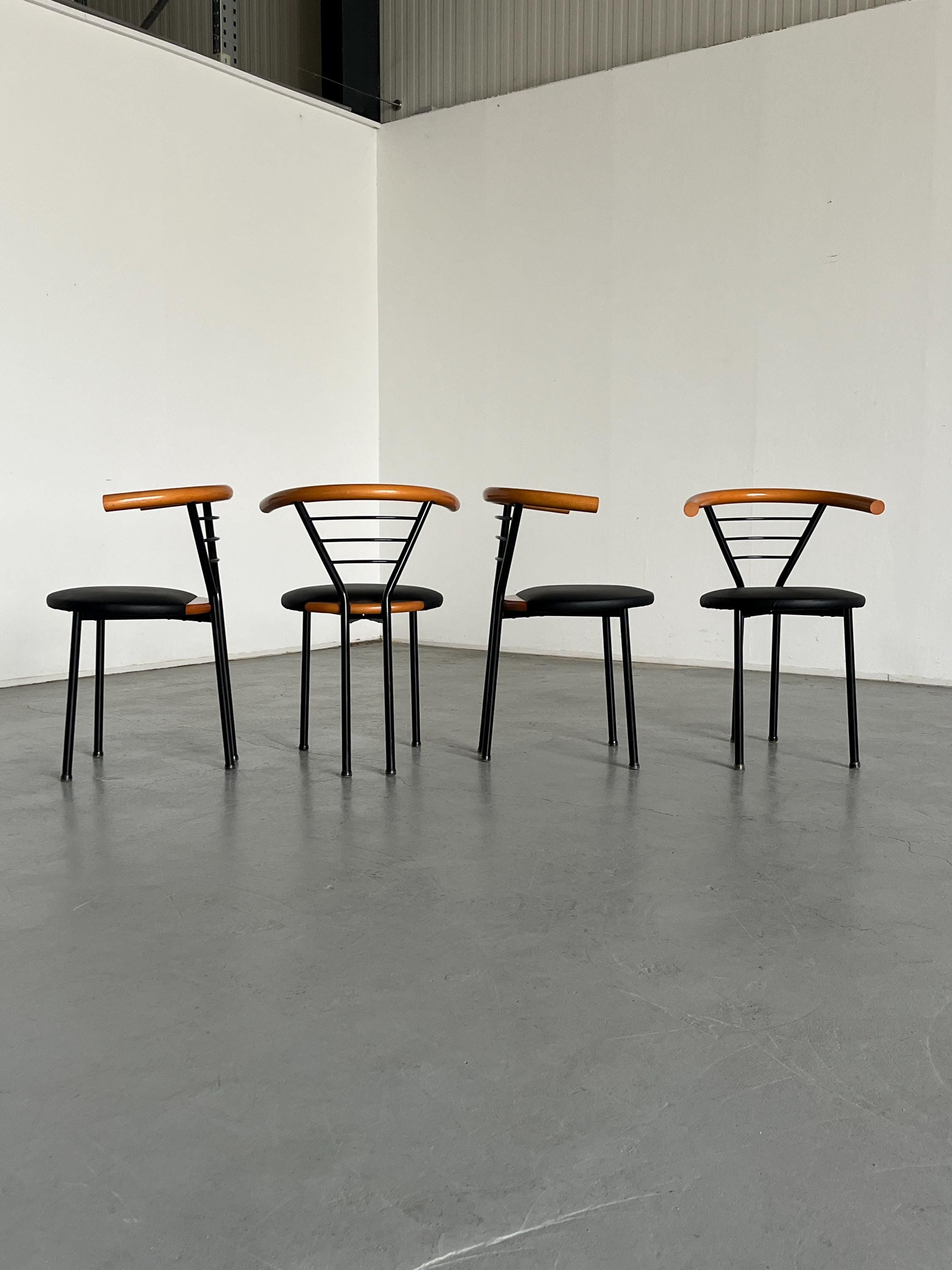 Geometrical Armchairs in Black Faux Leather, Metal and Lacquered Wood