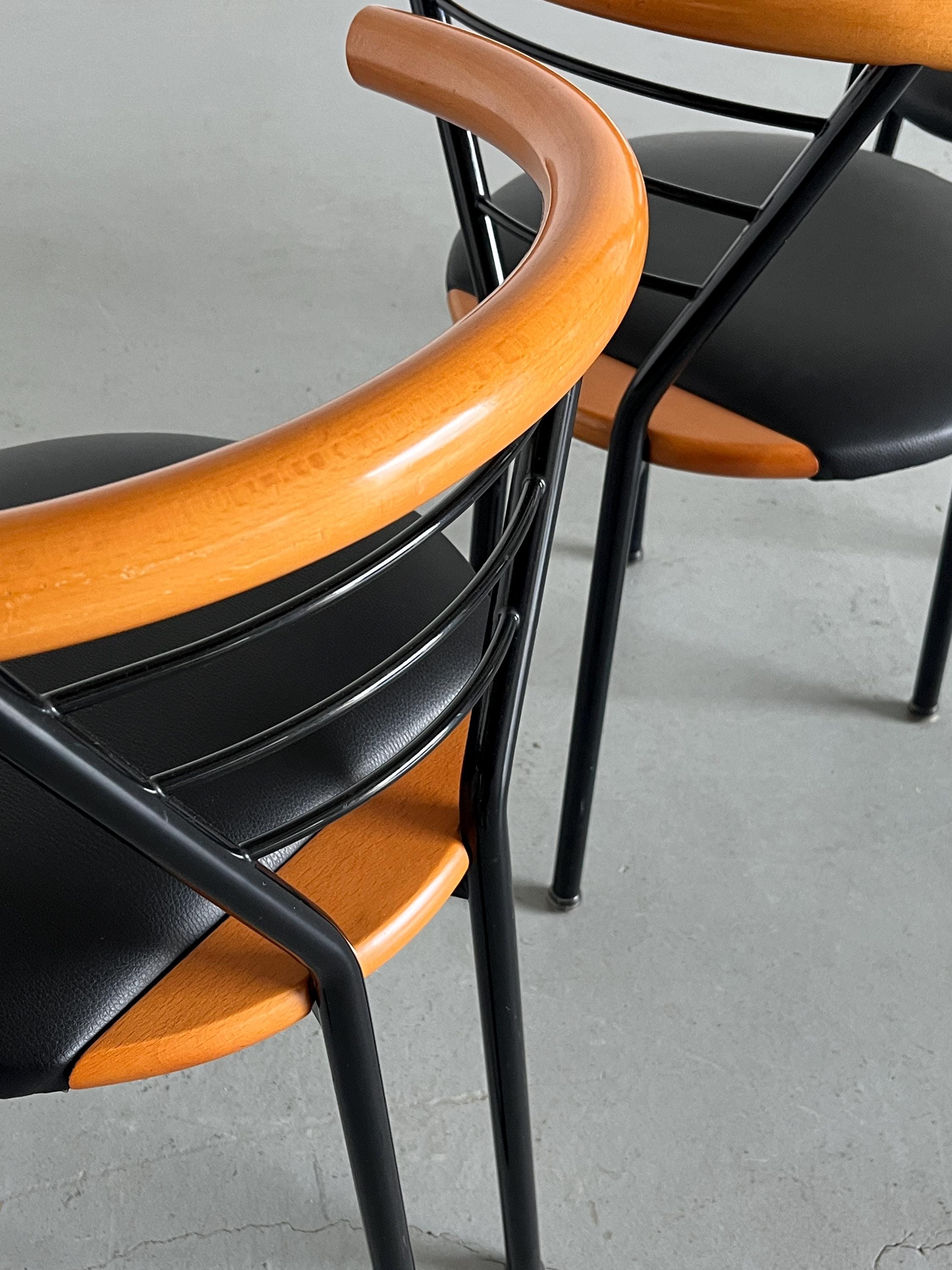 Geometrical Armchairs in Black Faux Leather, Metal and Lacquered Wood