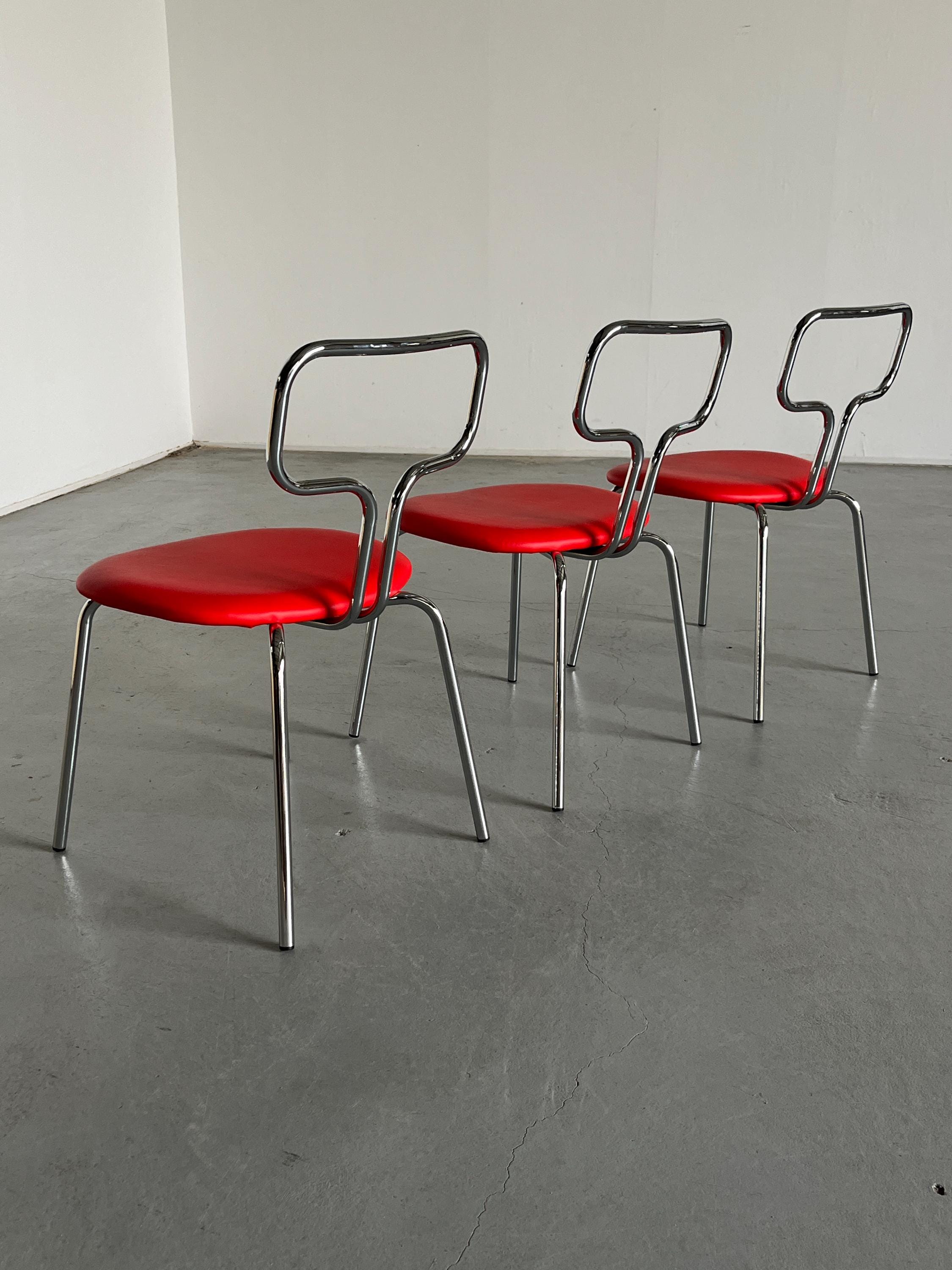Curved Chrome Tubular Steel and Faux Leather Dining Chairs