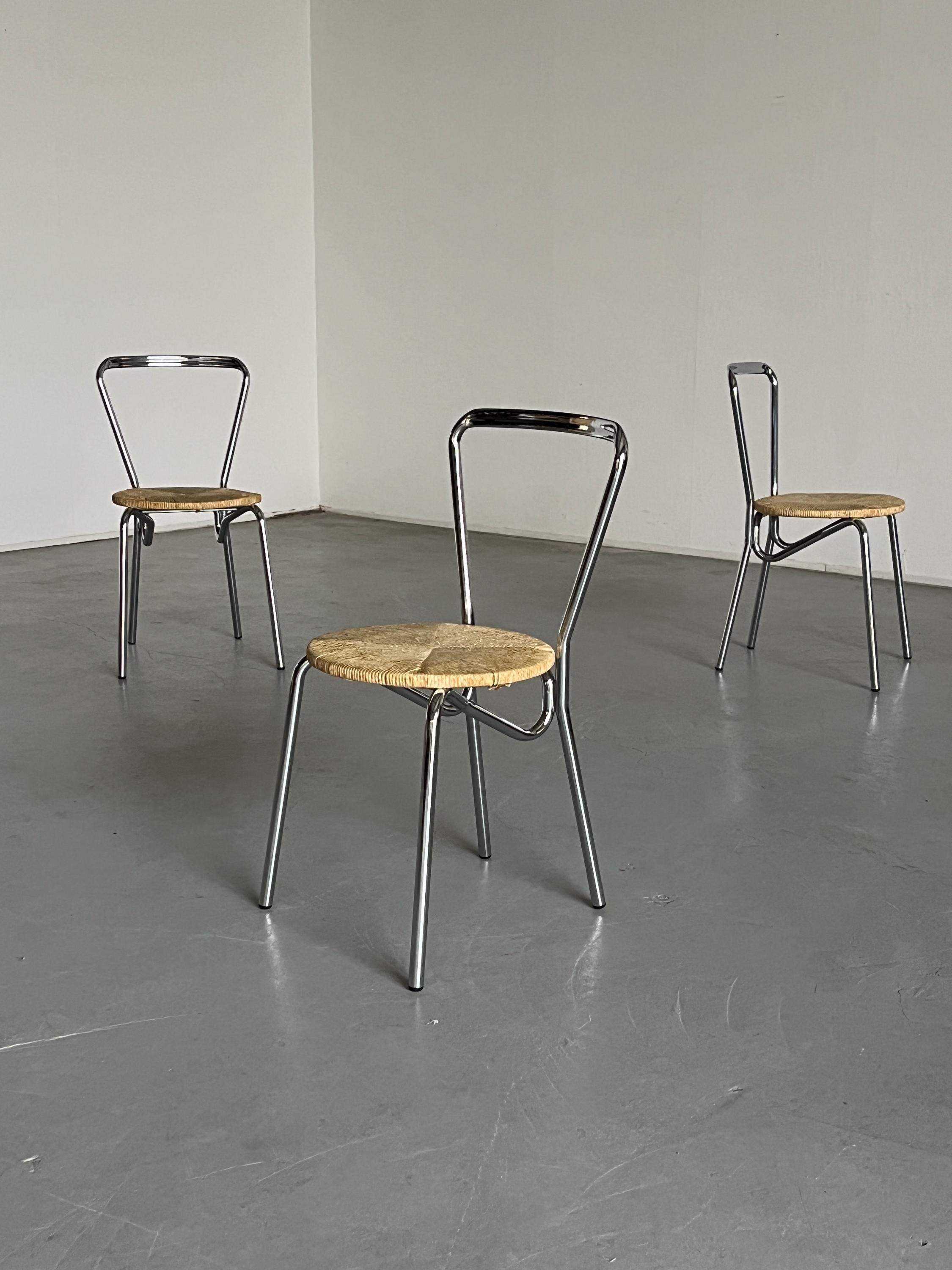 Modernist Dining Chairs in Chromed Steel and Woven Rope Seats