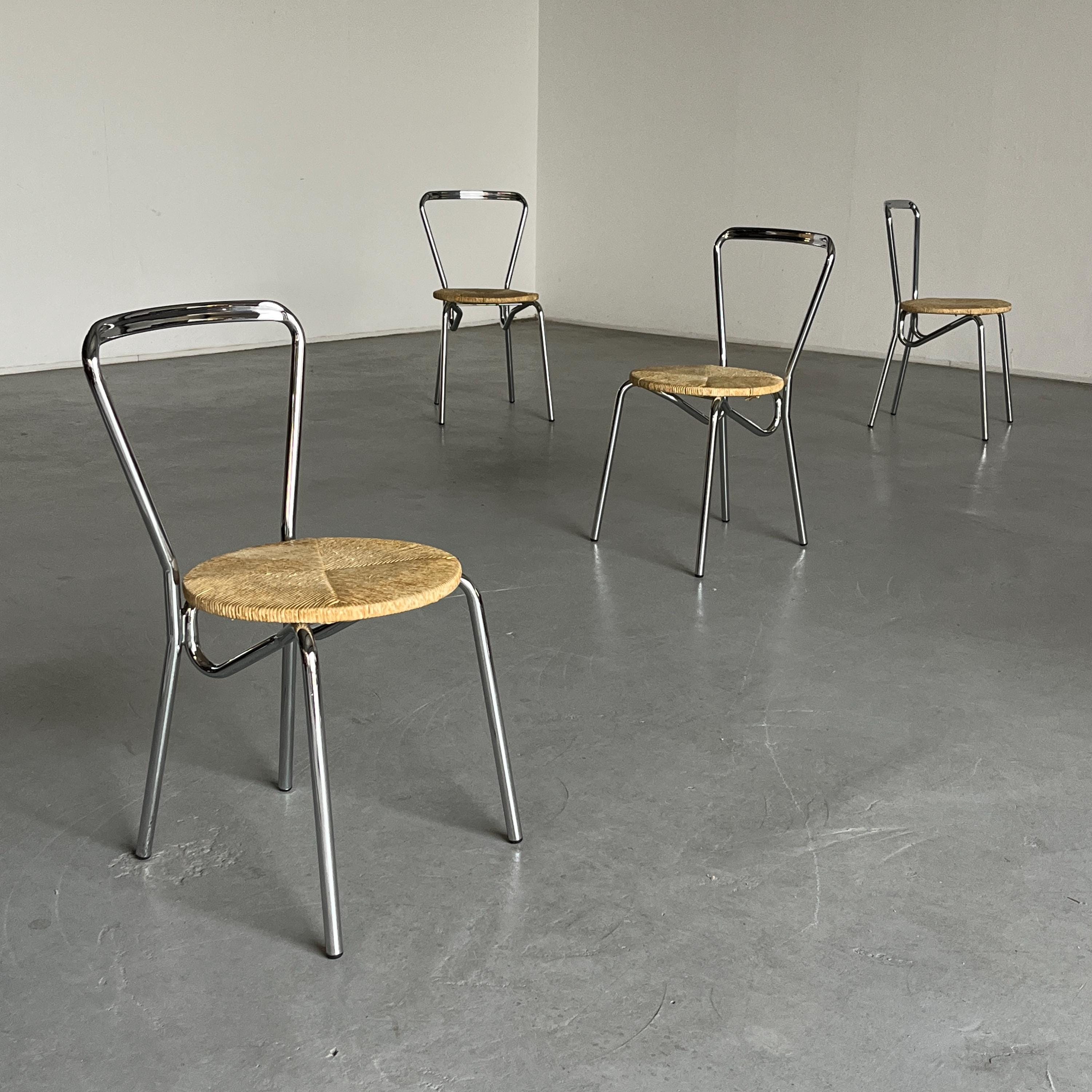 Modernist Dining Chairs in Chromed Steel and Woven Rope Seats