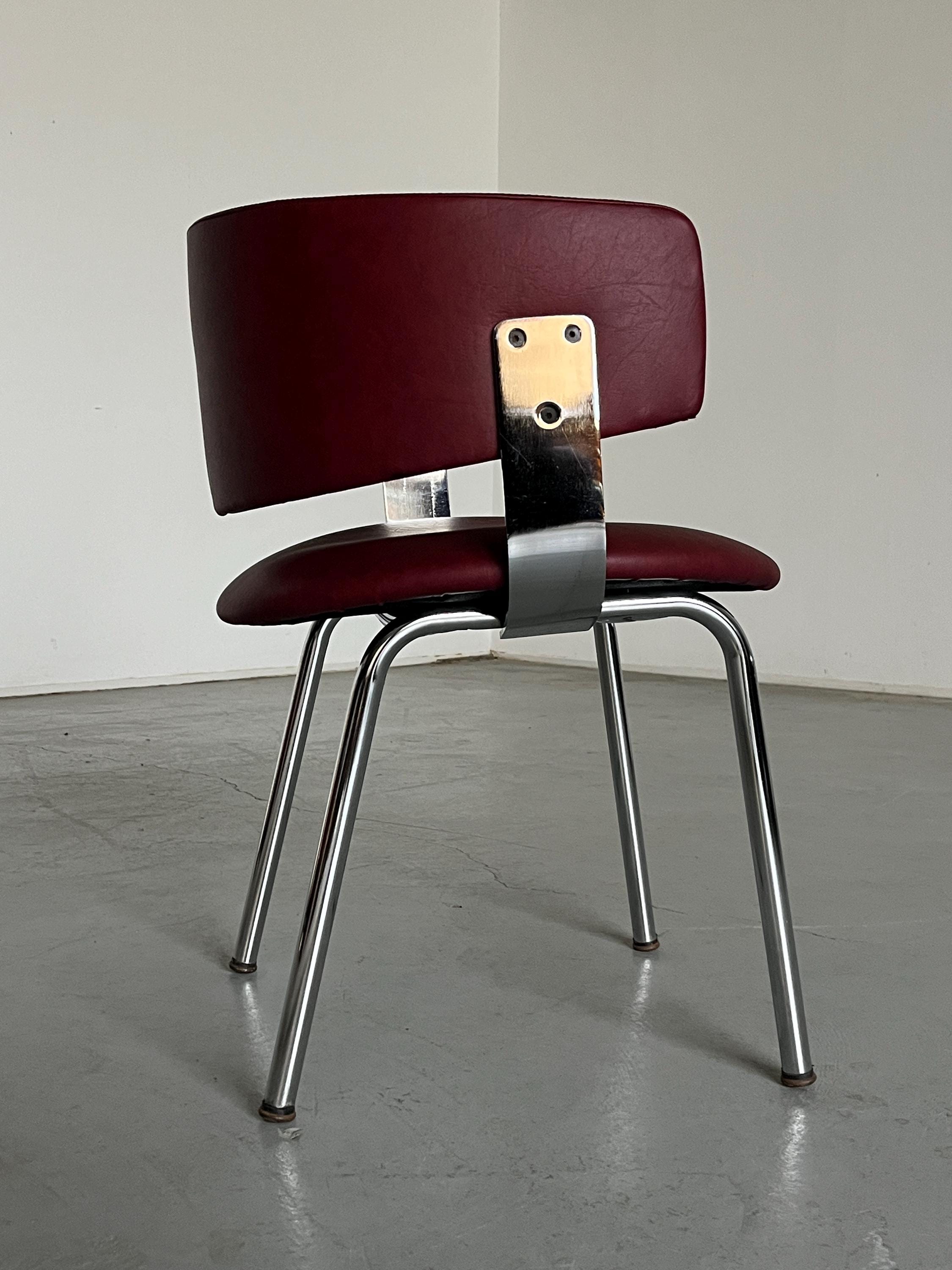 Vintage Mid-Century Modern Armchair in Bourdeaux Faux Leather and Chromed Steel, Bauhaus Style, Italy 1980s