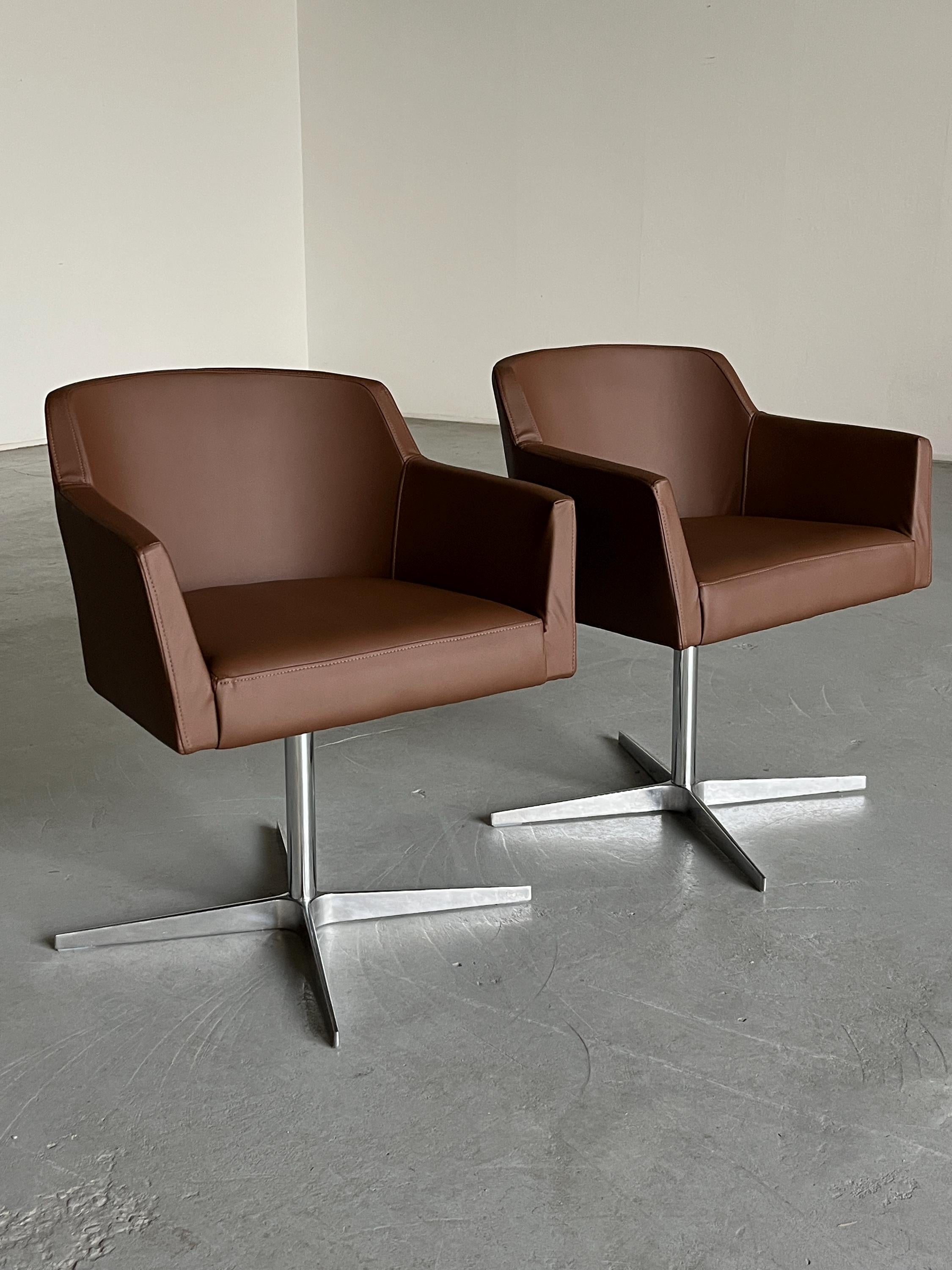 Mid-Century Modern Swivel Armchairs in Brown Faux Leather, 1980s