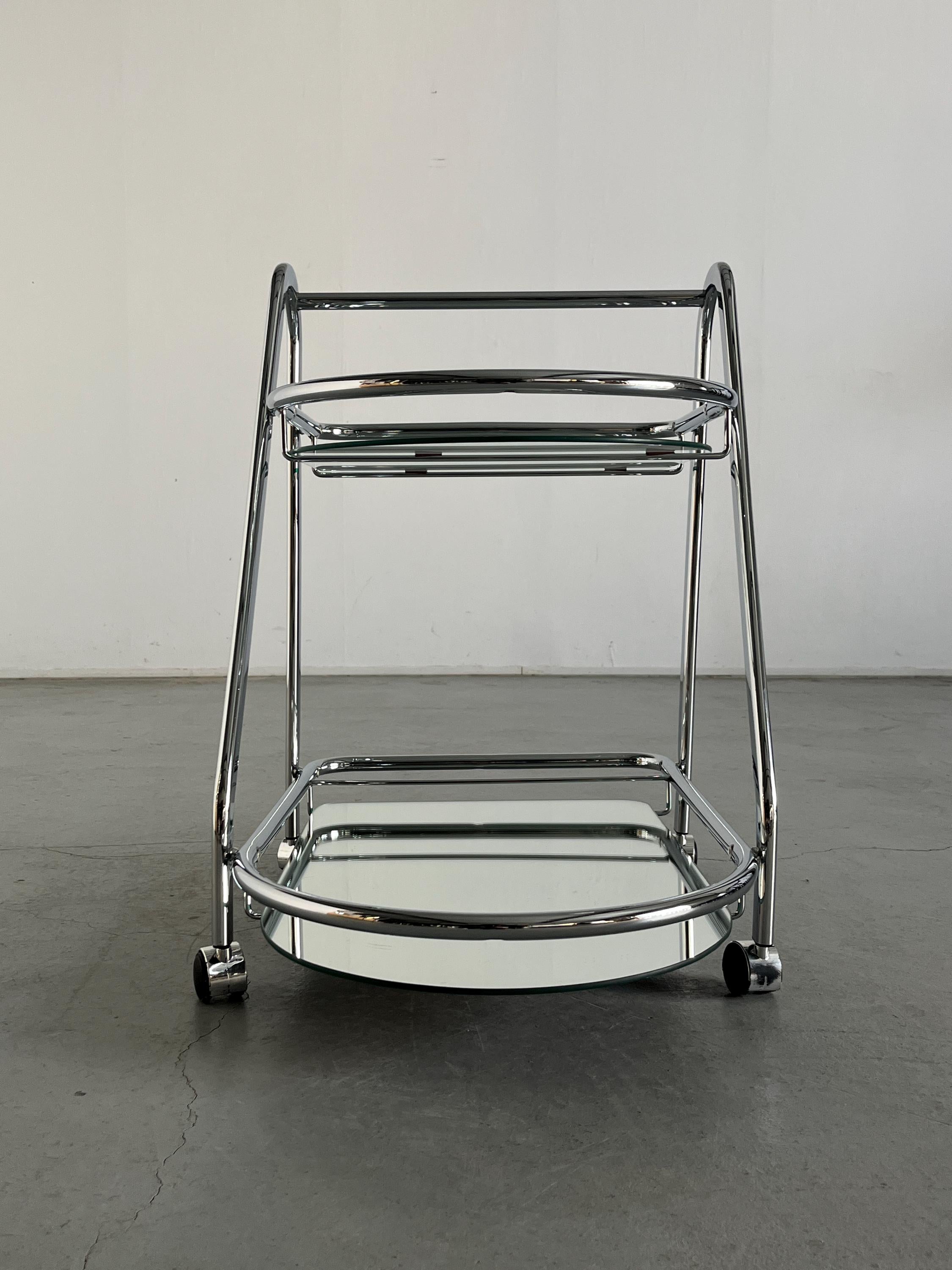 Serving Trolley in Chromed Steel, Glass and Mirror, 1970s Italy