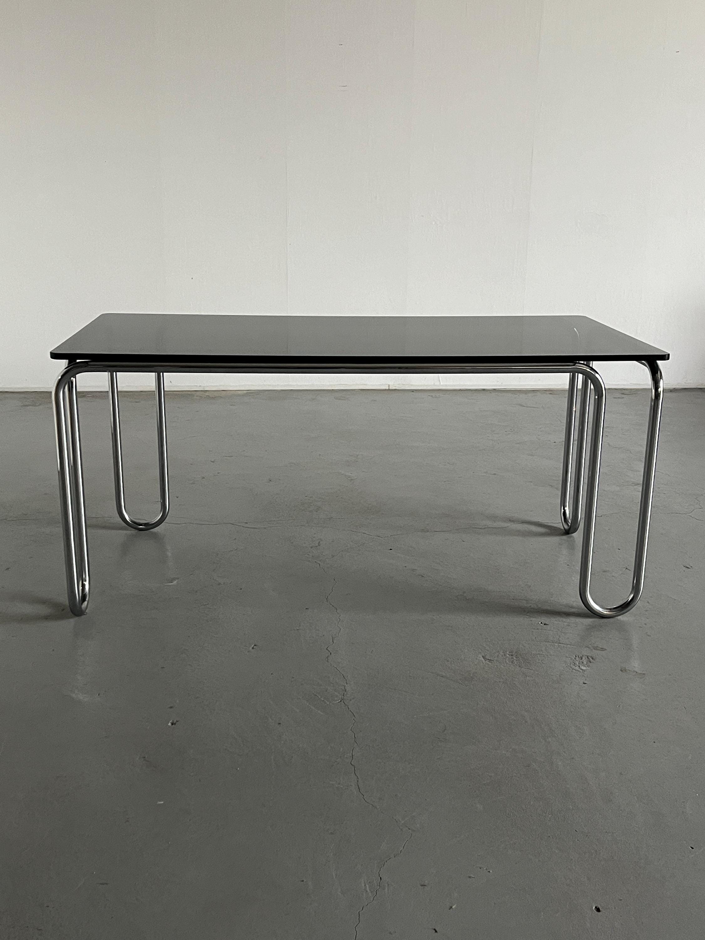 Modernist Smoked Glass and Chromed Tubular Steel Dining Table